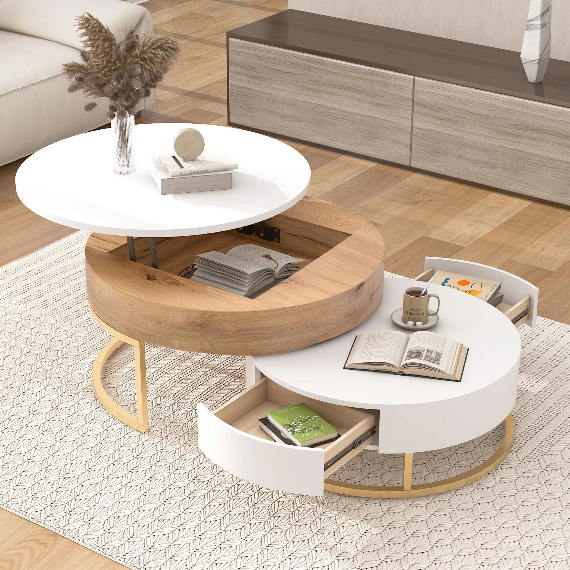 Modern Round Lift-Top Nesting Coffee Tables With 2 Drawers - Image 9