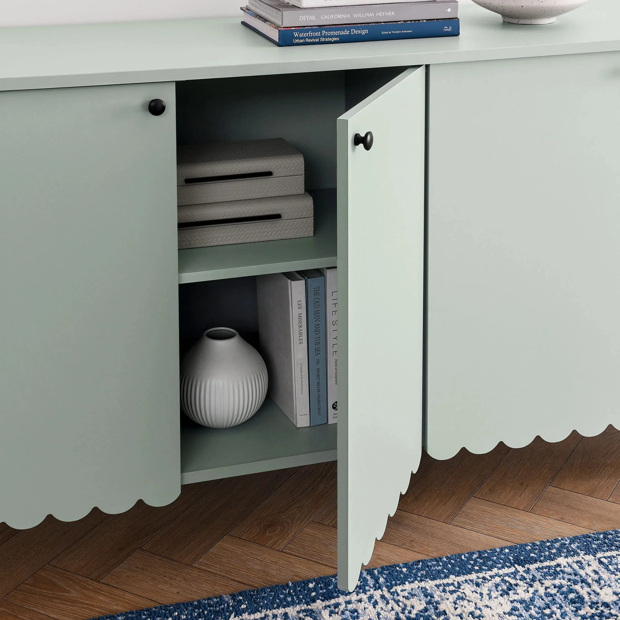 Modern Scalloped 4-Door Storage Sideboard – White 66 Inch - Image 11