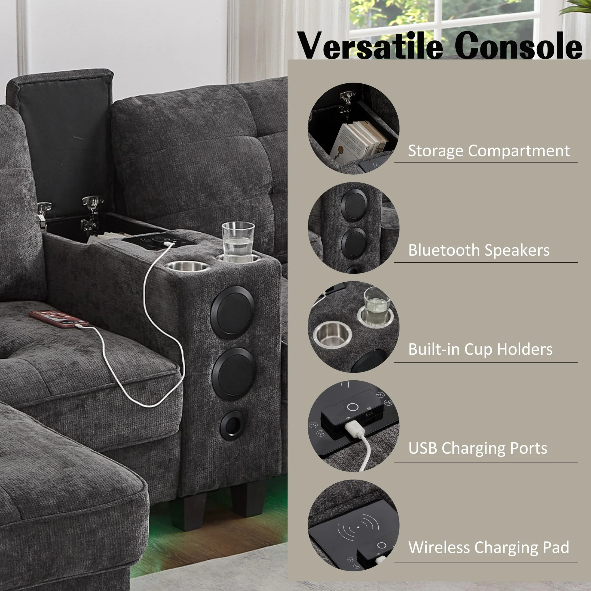 Modern Sectional Sofa U-Shaped With Movable Ottomans, tooth Speakers, LED Lights And Modular Storage - Image 11