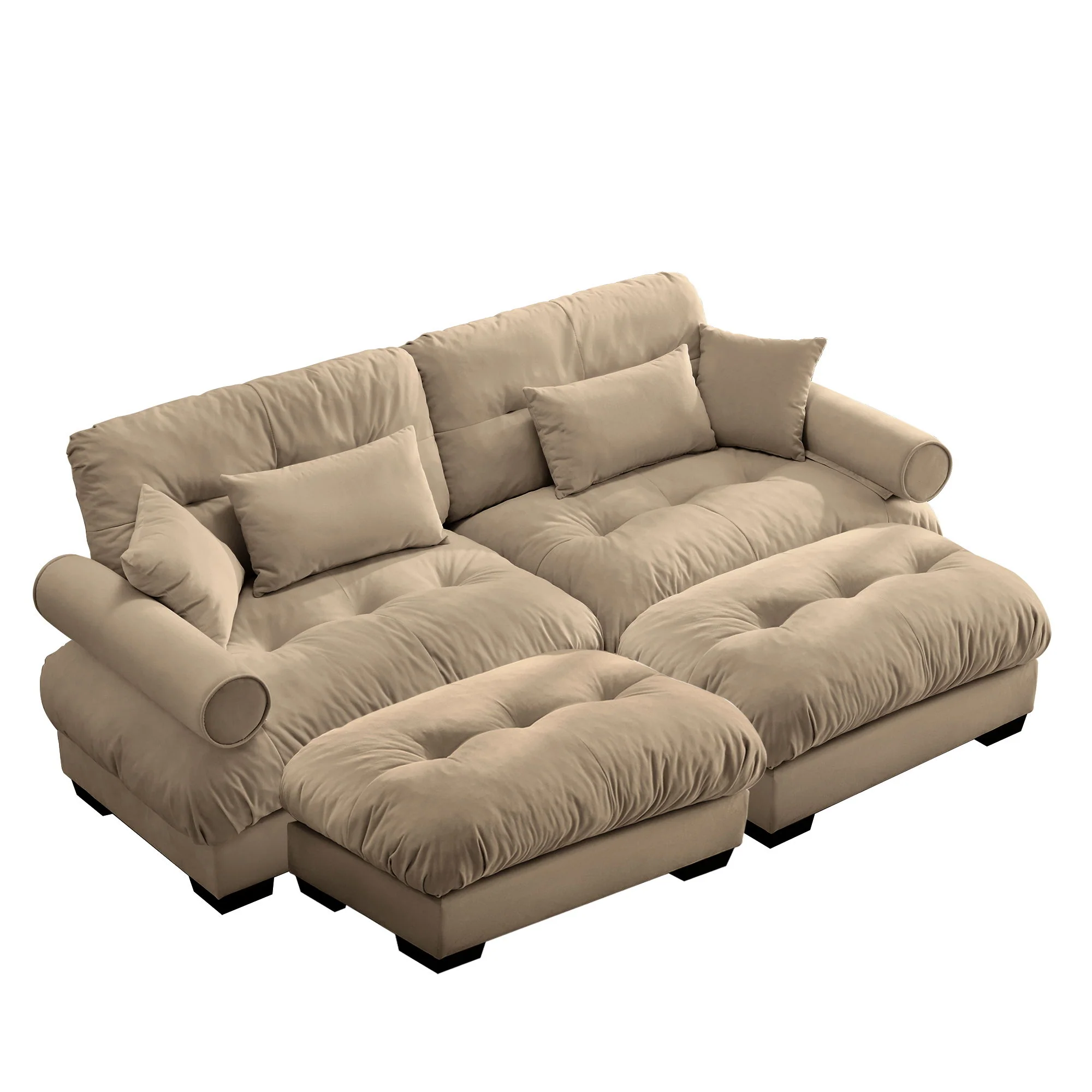 Modern Sectional Sofa With Ottoman, Round Bolster Armrests, Waist And Throw Pillows - Image 10