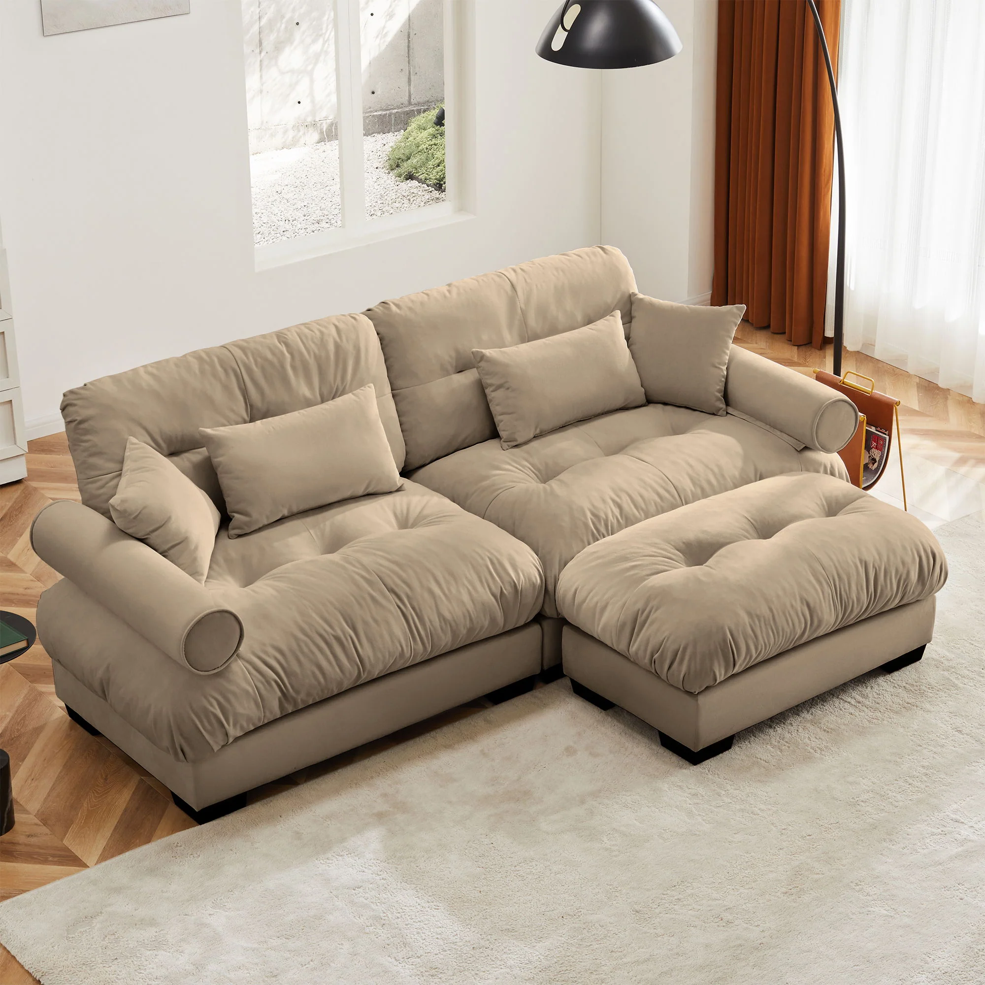 Modern Sectional Sofa With Ottoman, Round Bolster Armrests, Waist And Throw Pillows - Image 18