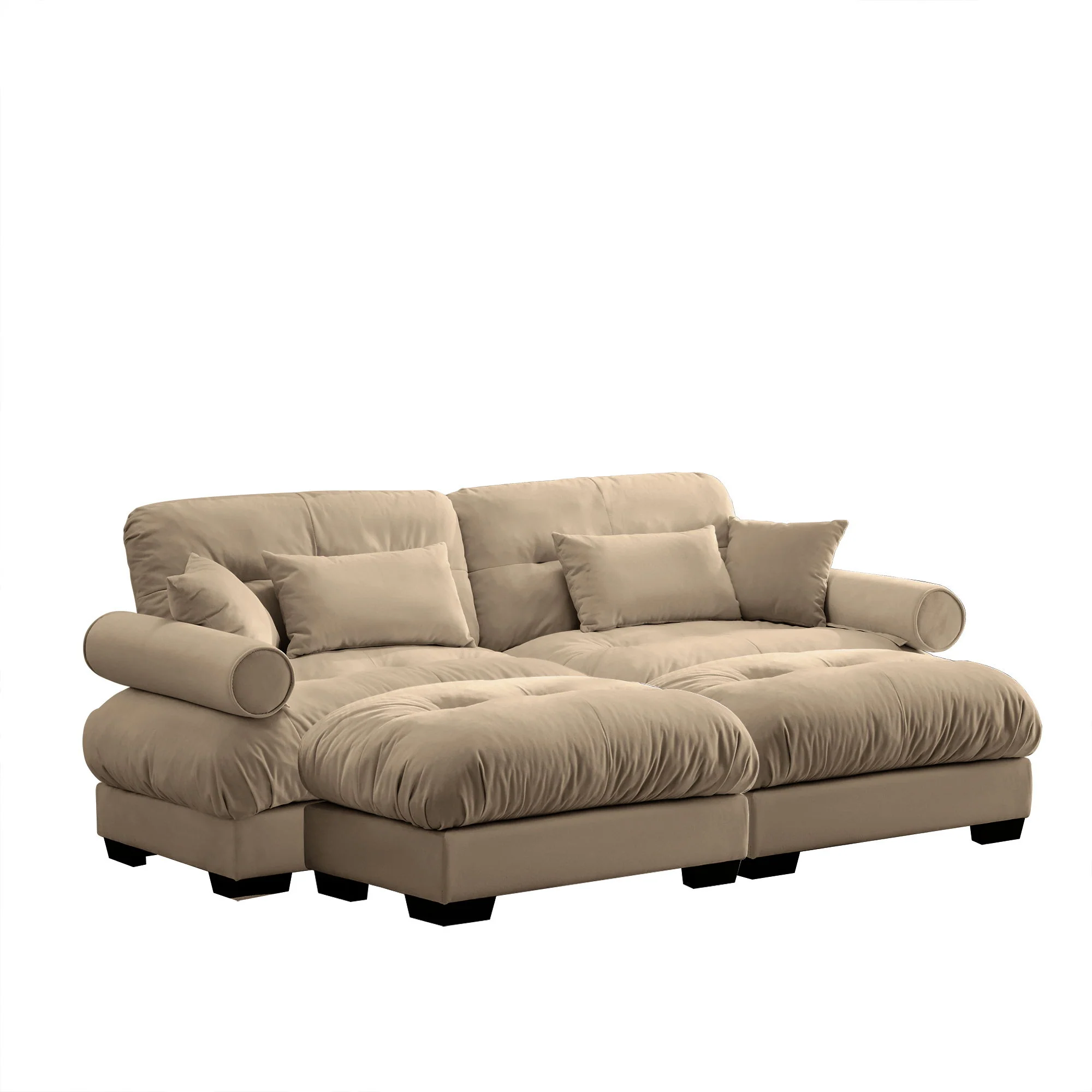 Modern Sectional Sofa With Ottoman, Round Bolster Armrests, Waist And Throw Pillows - Image 2