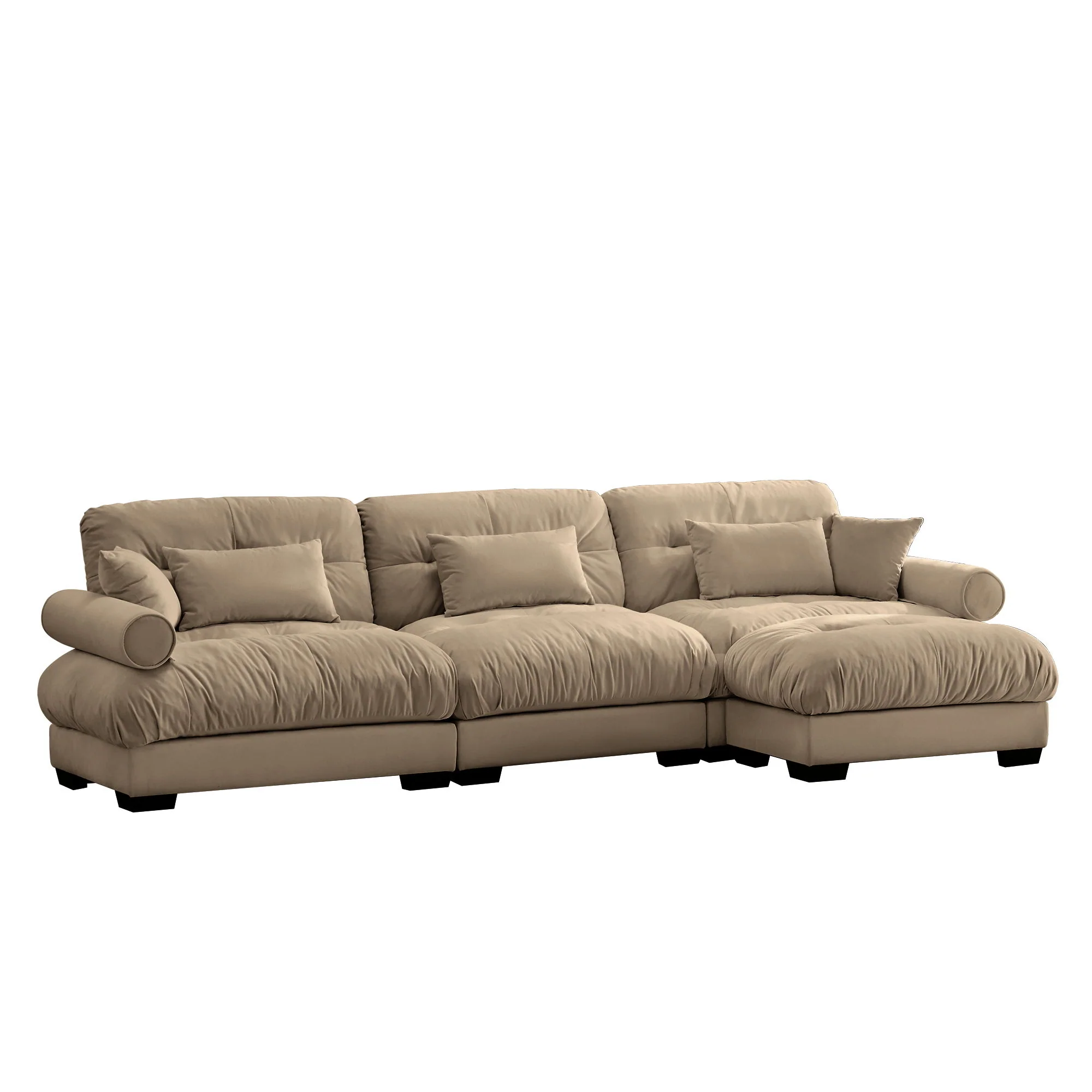 Modern Sectional Sofa With Ottoman, Round Bolster Armrests, Waist And Throw Pillows - Image 24