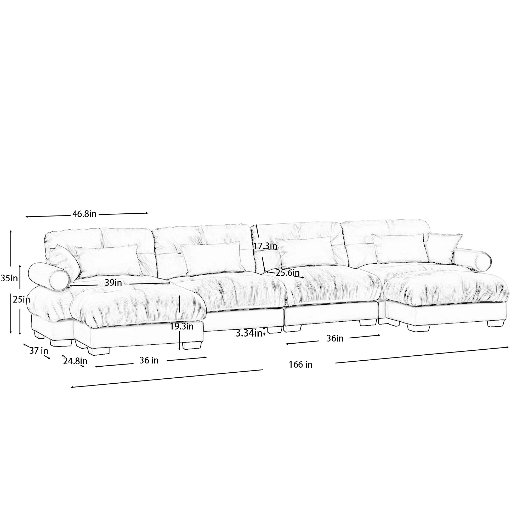 Modern Sectional Sofa With Ottoman, Round Bolster Armrests, Waist And Throw Pillows - Image 44