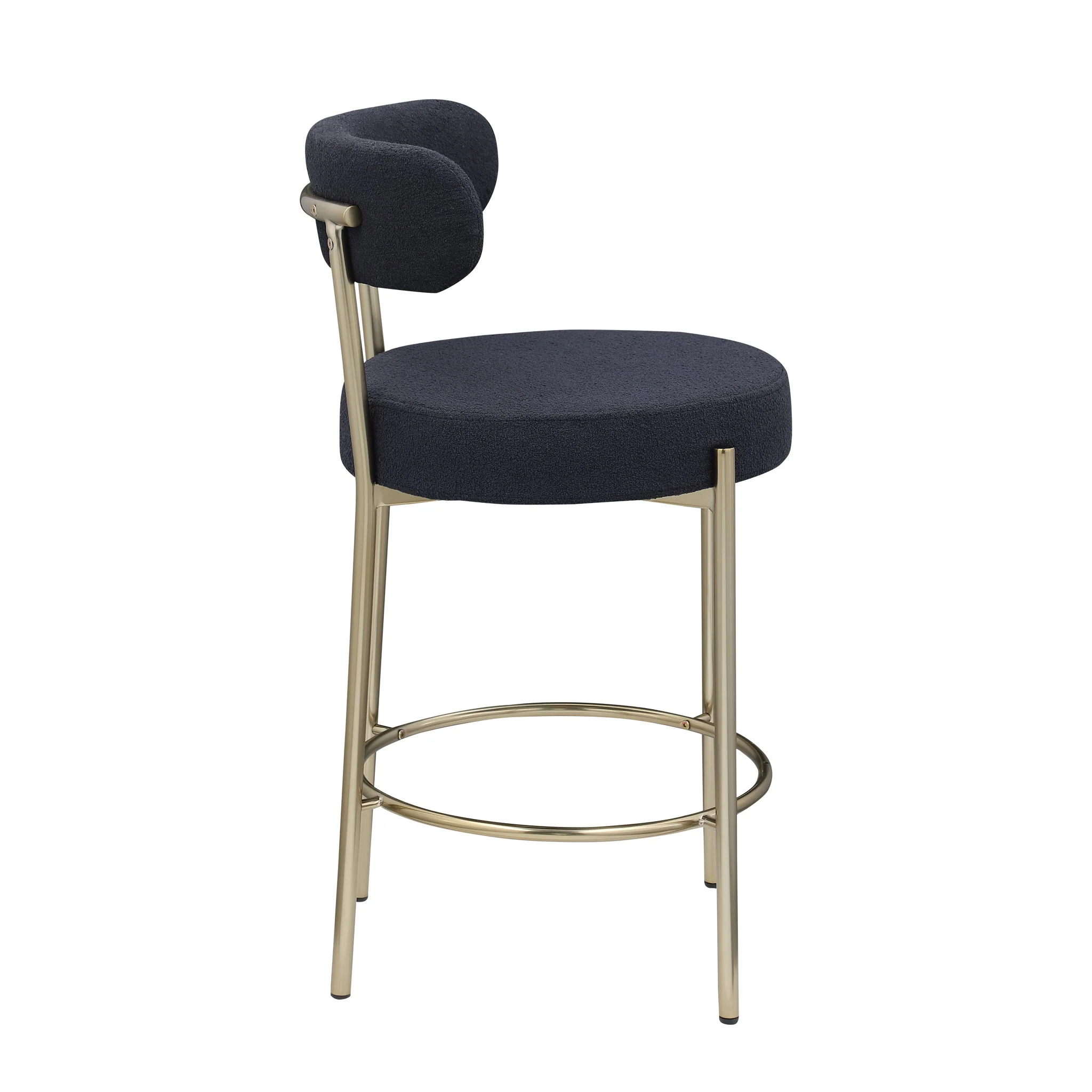 Modern Sherpa Counter Height Stools, Uphsoltered Seat Height Barstools With Brushed Brass Metal Legs Round Low Back Kitchen Stools With Footrest For Dining Room (Set of 2) - Image 8