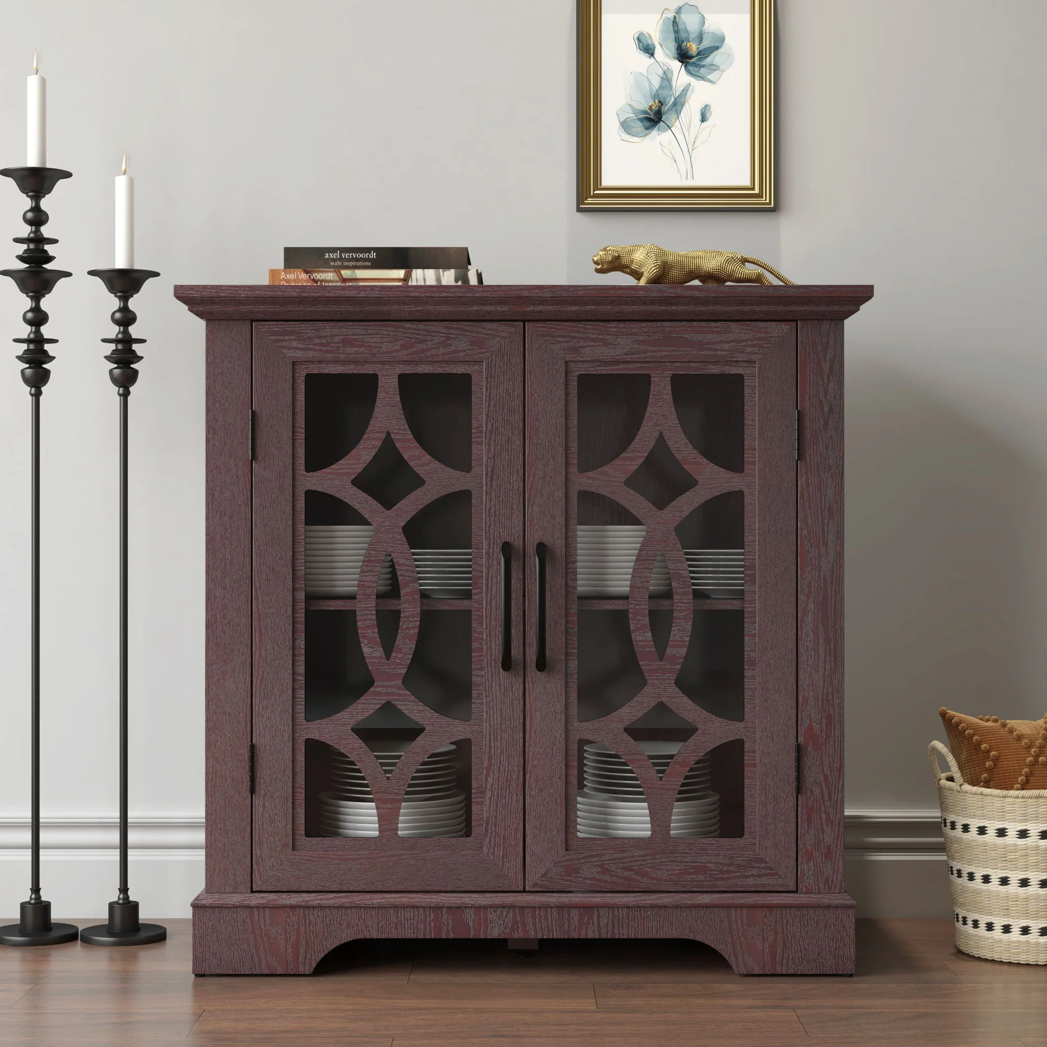 Modern Sideboard With Tempered Glass Doors - Ox Blood Red - Image 6