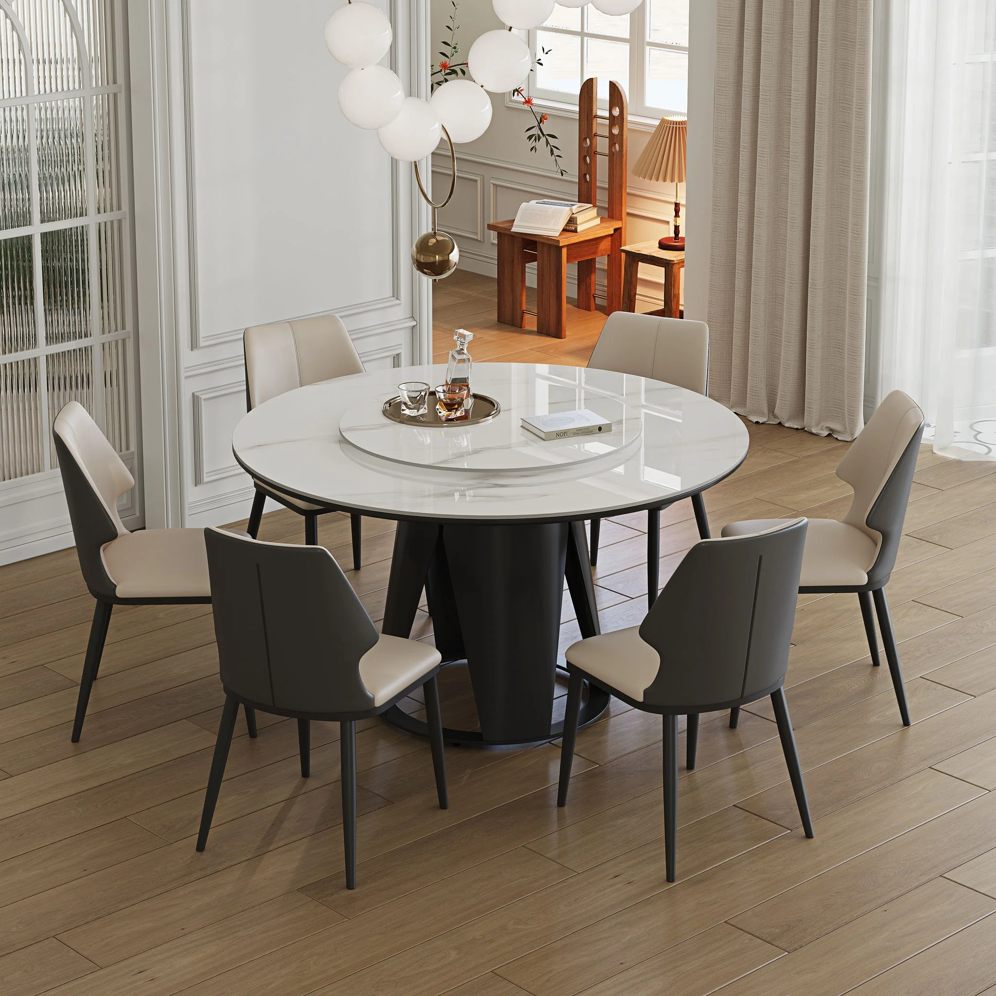 Modern Sintered Stone Dining Table With Round Turntable And Metal Pedestal - White - Image 4
