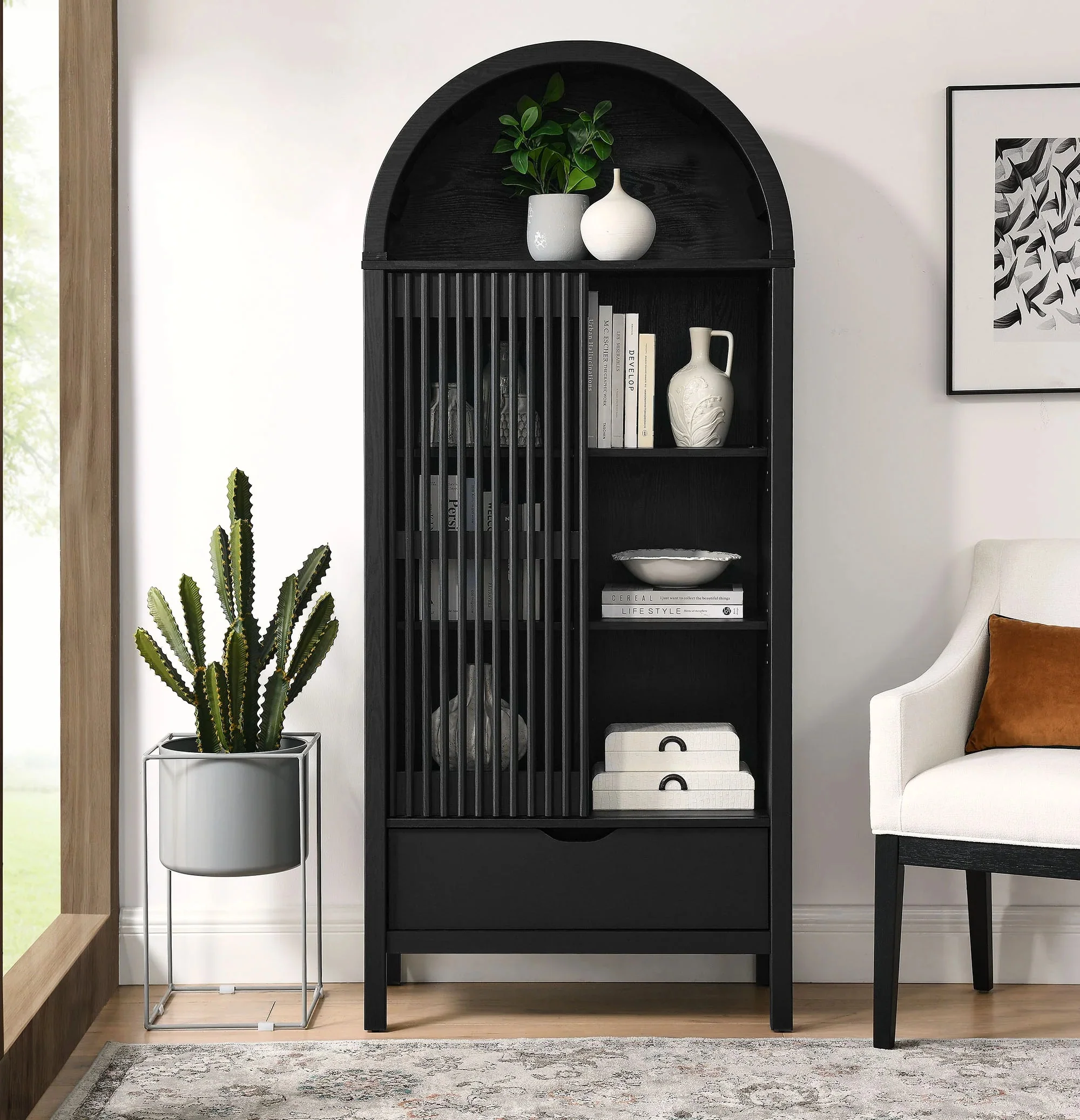 Modern Slatted Sliding Door Arched Tall Storage Cabinet – 71 Inch - Image 2