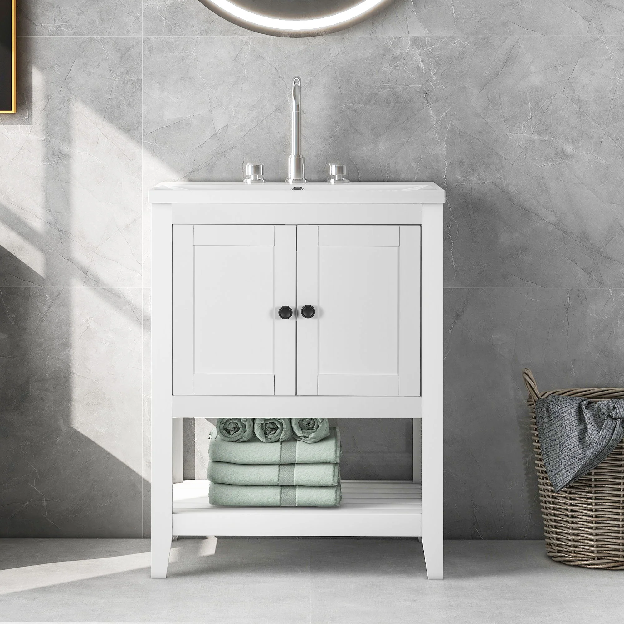 Modern Sleek Bathroom Vanity Elegant Ceramic Sink With Solid Wood Frame Open Style Shelf - White - Image 8