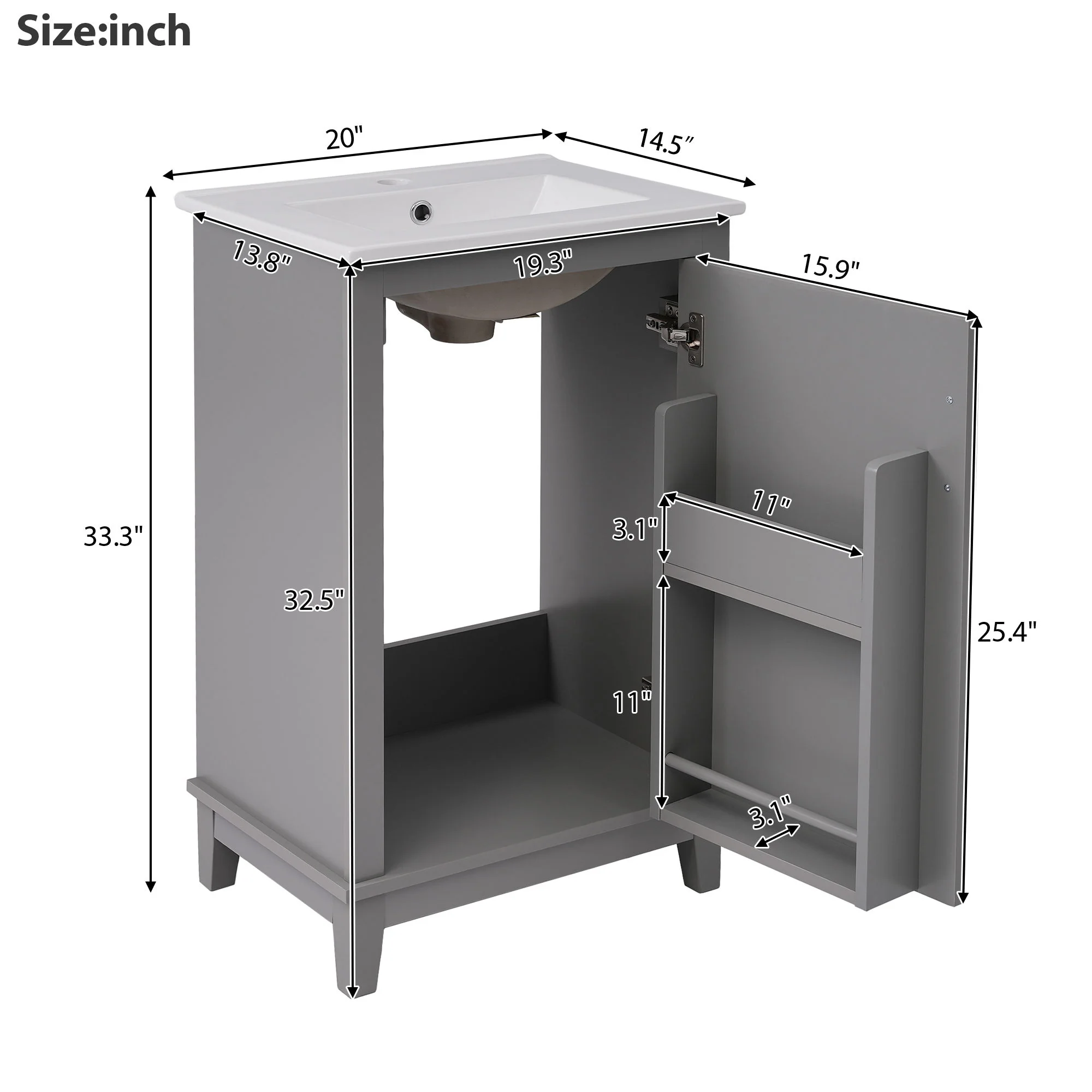 Modern Small Bathroom Vanity Cabinet With Ceramic Basin, Ample Storage, 1 Soft Close Door - Image 25