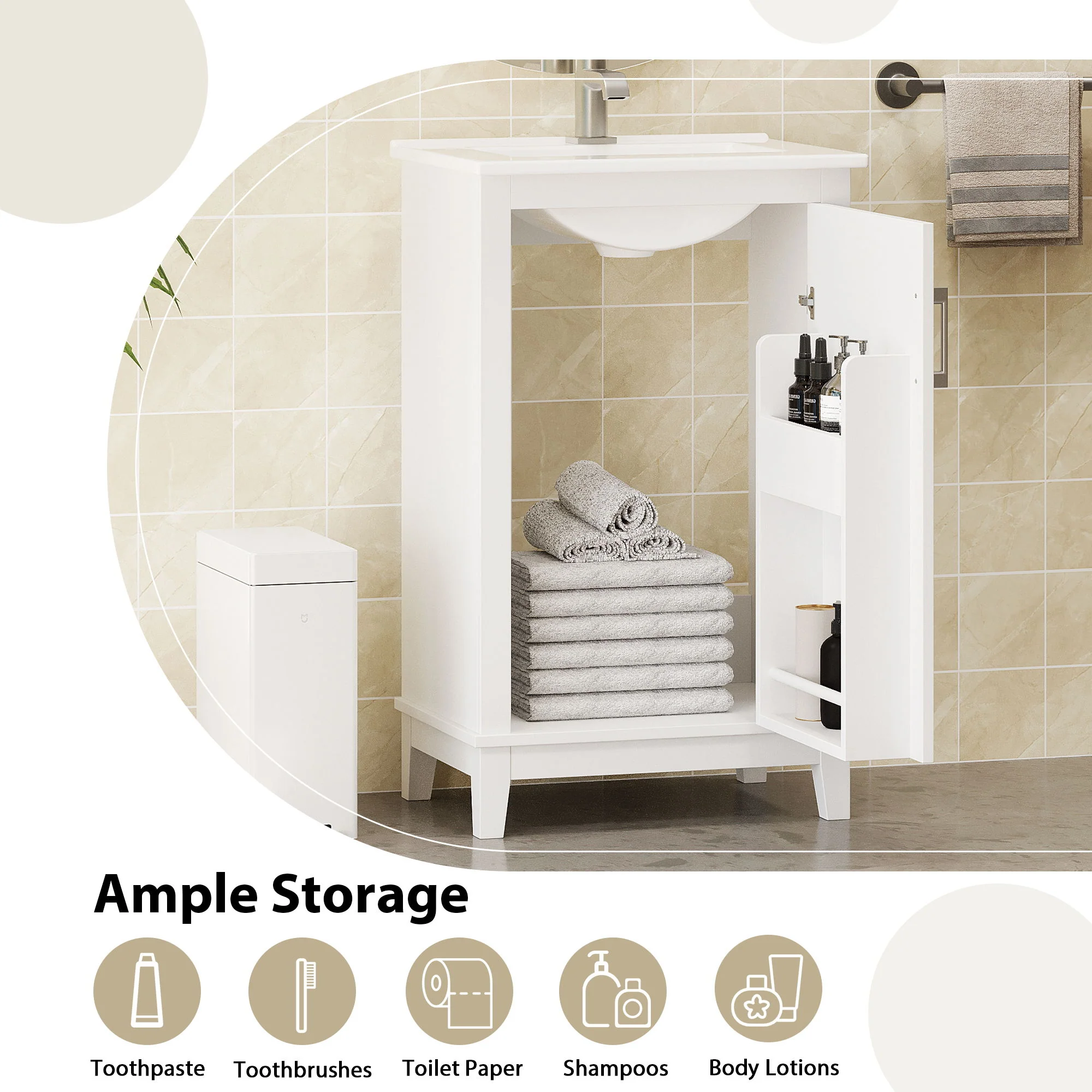Modern Small Bathroom Vanity Cabinet With Ceramic Basin, Ample Storage, 1 Soft Close Door - Image 27