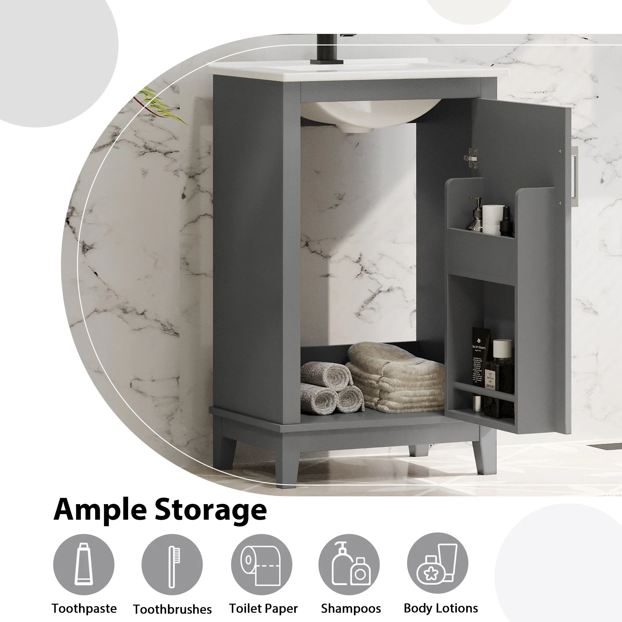 Modern Small Bathroom Vanity Cabinet With Ceramic Basin, Ample Storage, 1 Soft Close Door - Image 35