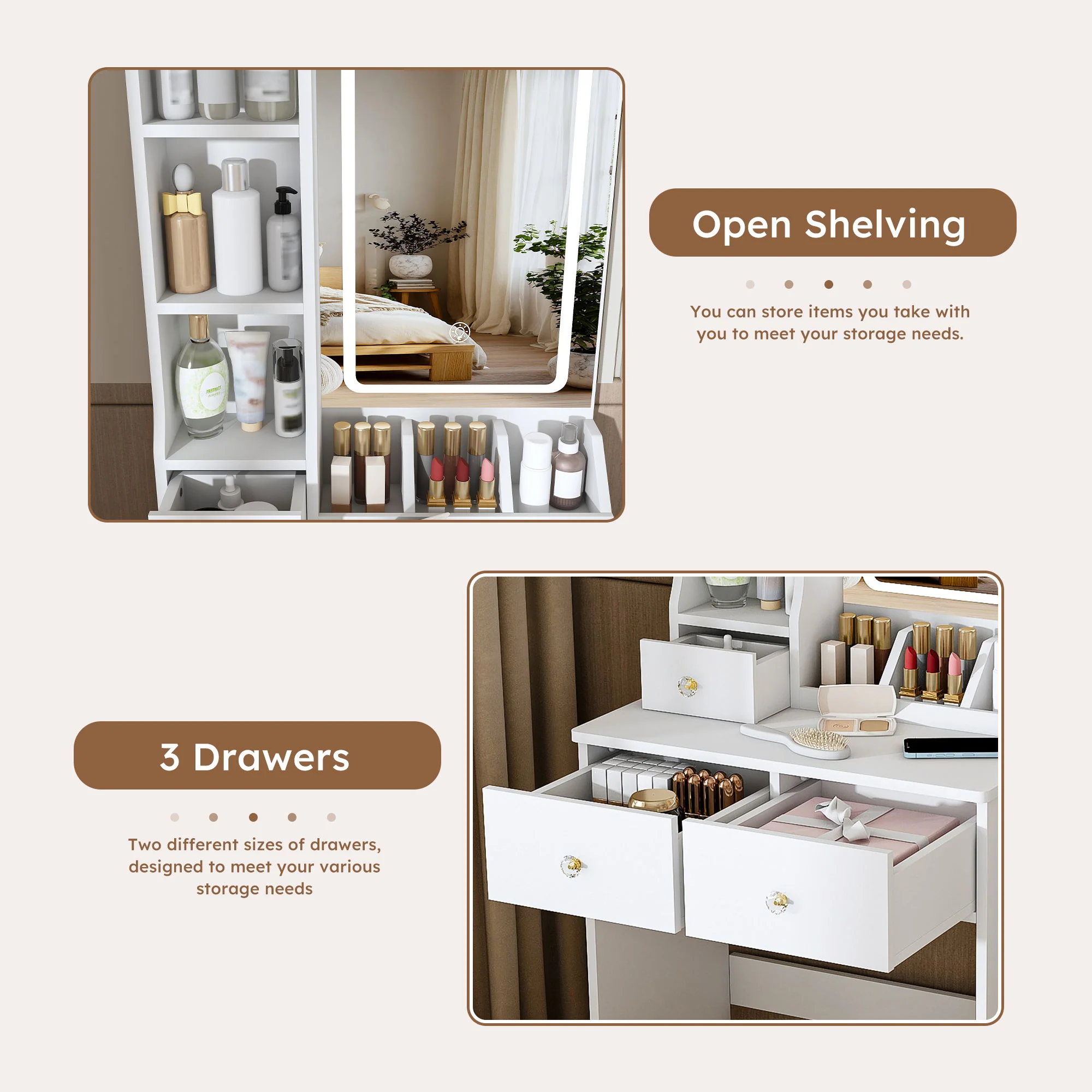 Modern Small Vanity Desk With 3 LED Lighting Modes, 3 Drawers - Image 7