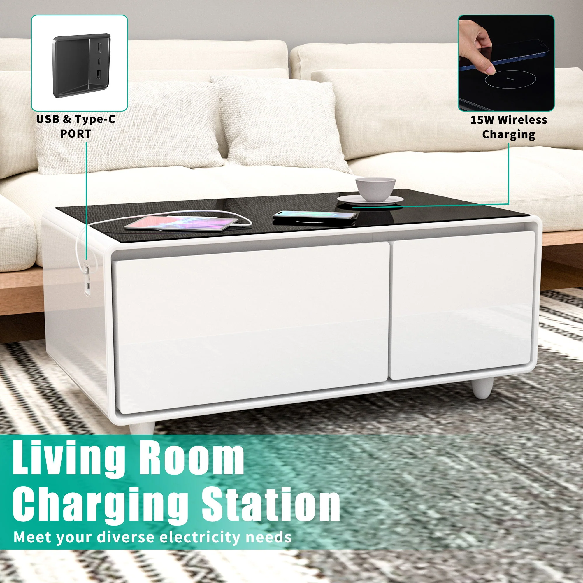 Modern Smart Coffee Table With Built-In Fridge - tooth Speaker, Wireless Charging, Touch Control Panel, USB Interface, Outlet Protection, Atmosphere Light - Image 9