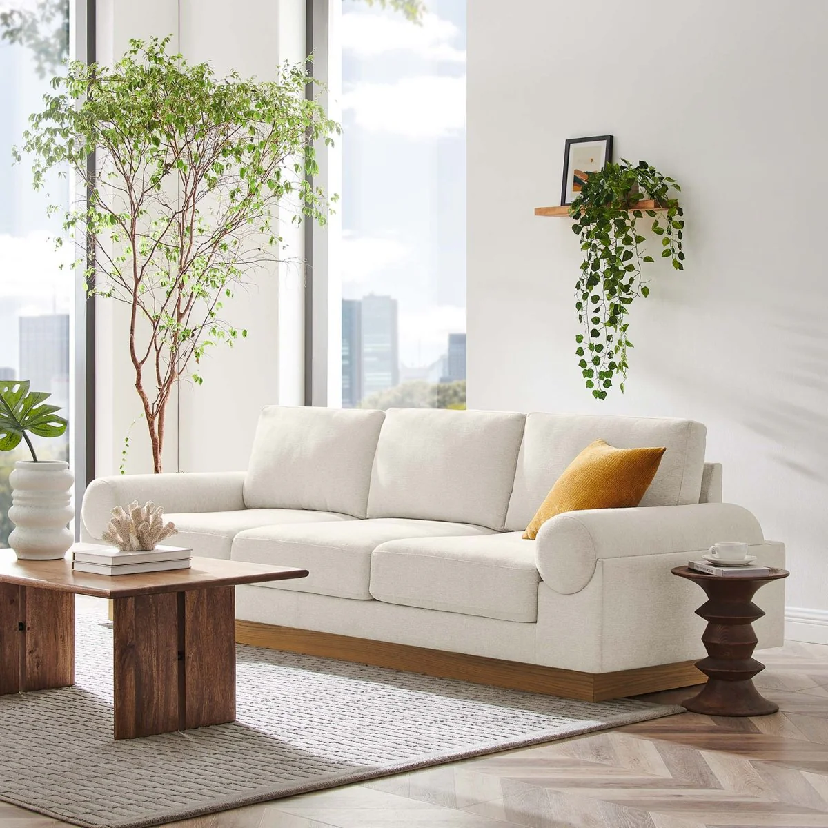 Modern Streamlined Upholstered Sofa with Bolster Armrests - Image 16