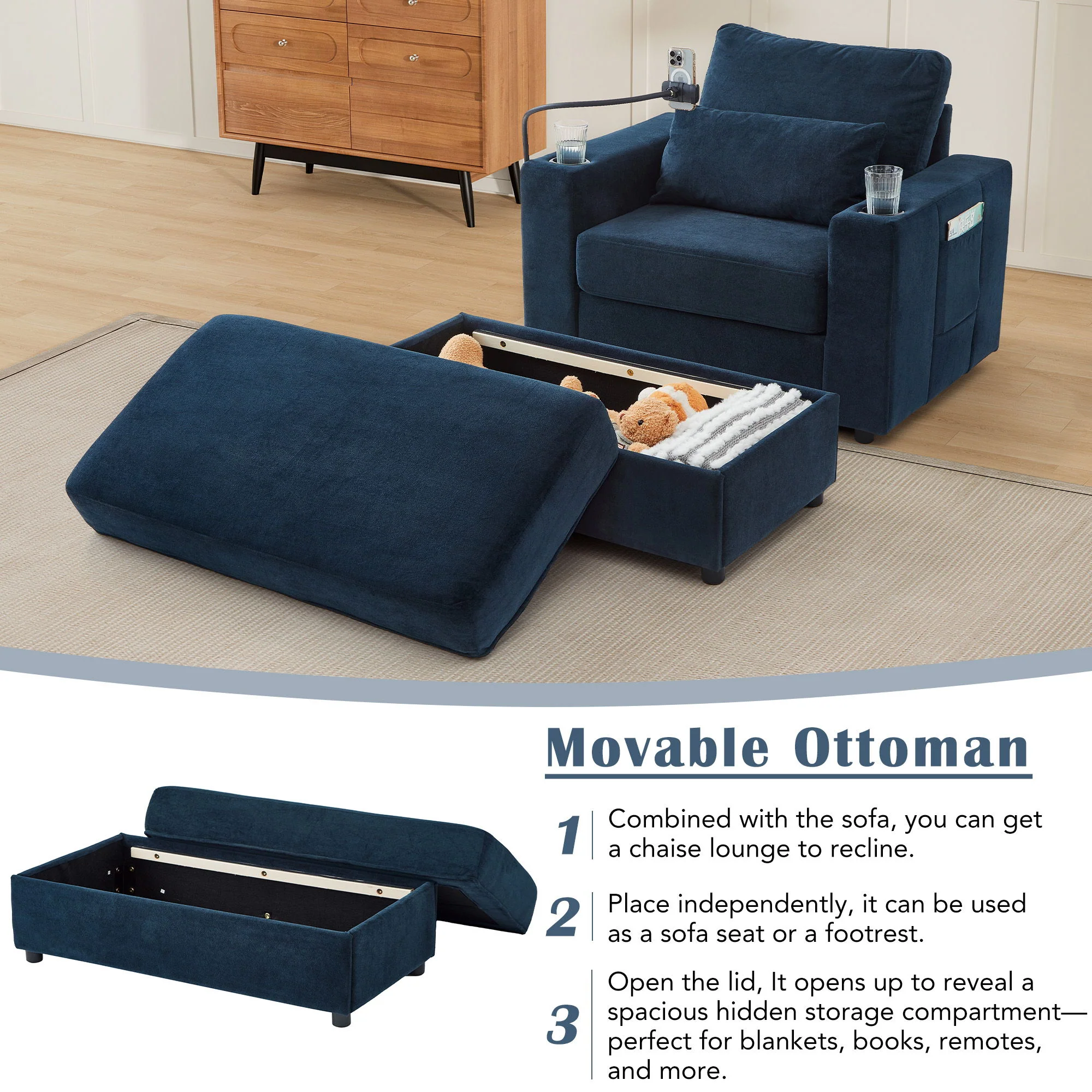 Modern Style Armchair Chaise Lounge Sofa Couch With Movable Storage Ottoman, USB Ports, Cup Holders, Phone Holder, Side Pockets - Image 10