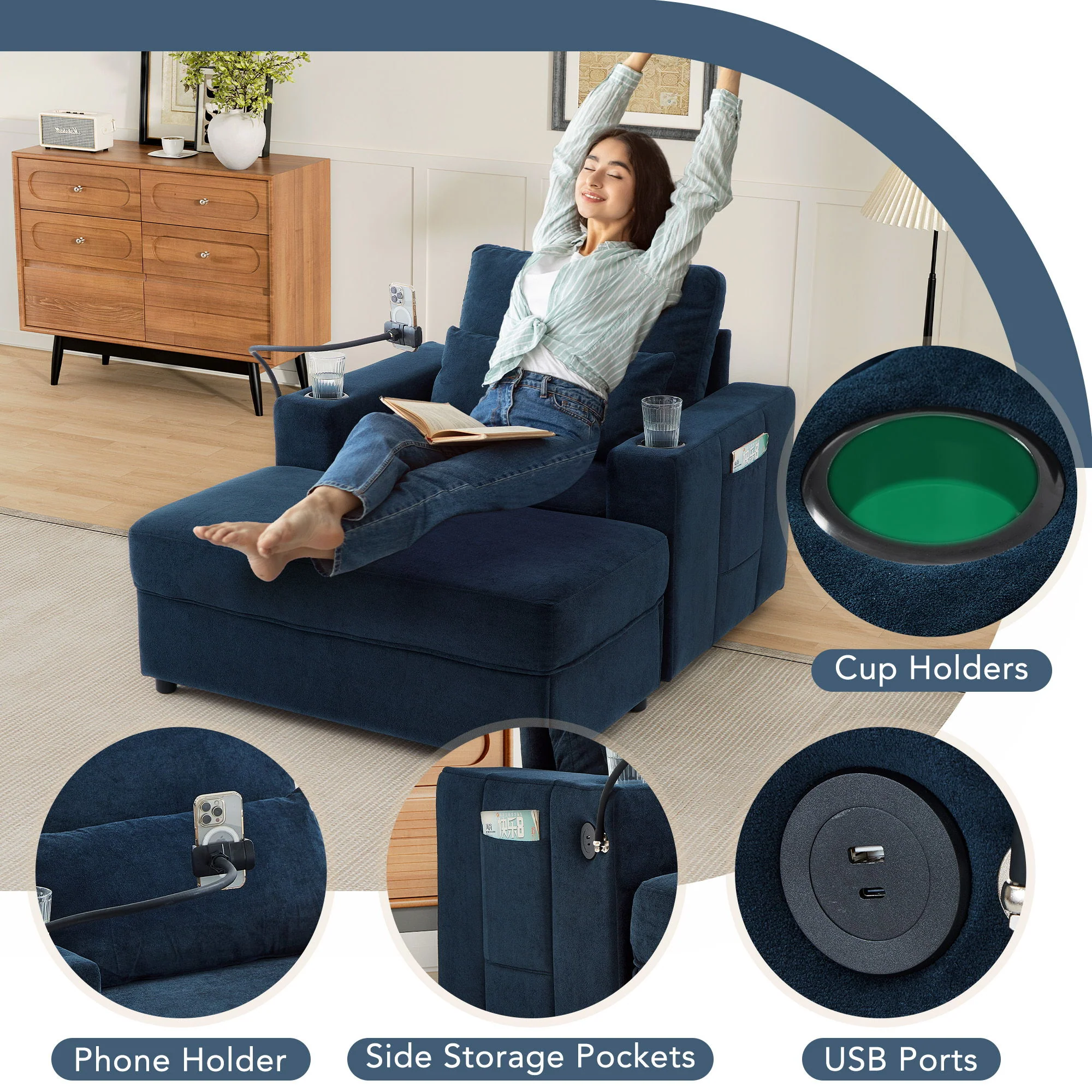 Modern Style Armchair Chaise Lounge Sofa Couch With Movable Storage Ottoman, USB Ports, Cup Holders, Phone Holder, Side Pockets - Image 27