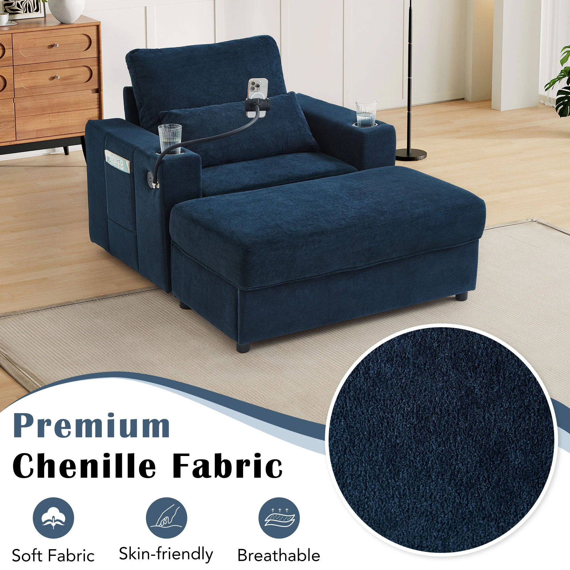 Modern Style Armchair Chaise Lounge Sofa Couch With Movable Storage Ottoman, USB Ports, Cup Holders, Phone Holder, Side Pockets - Image 8