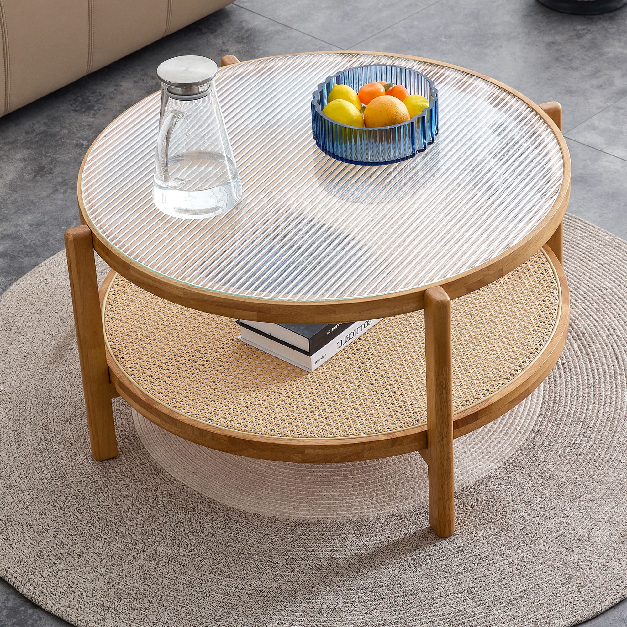 Modern Style Circular Double Layer Tea Table With Rattan Weave - Image 3