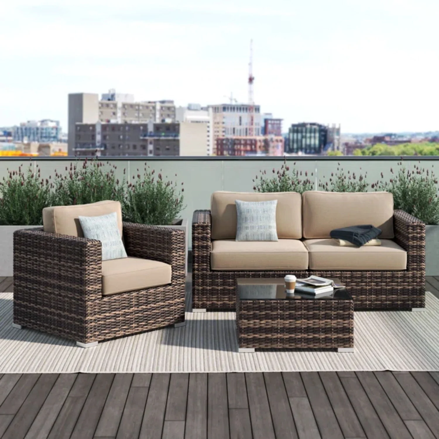 Modern Style Hdpe Wicker Seating Group With Cushions For 3 People In Brown Finish - Image 3