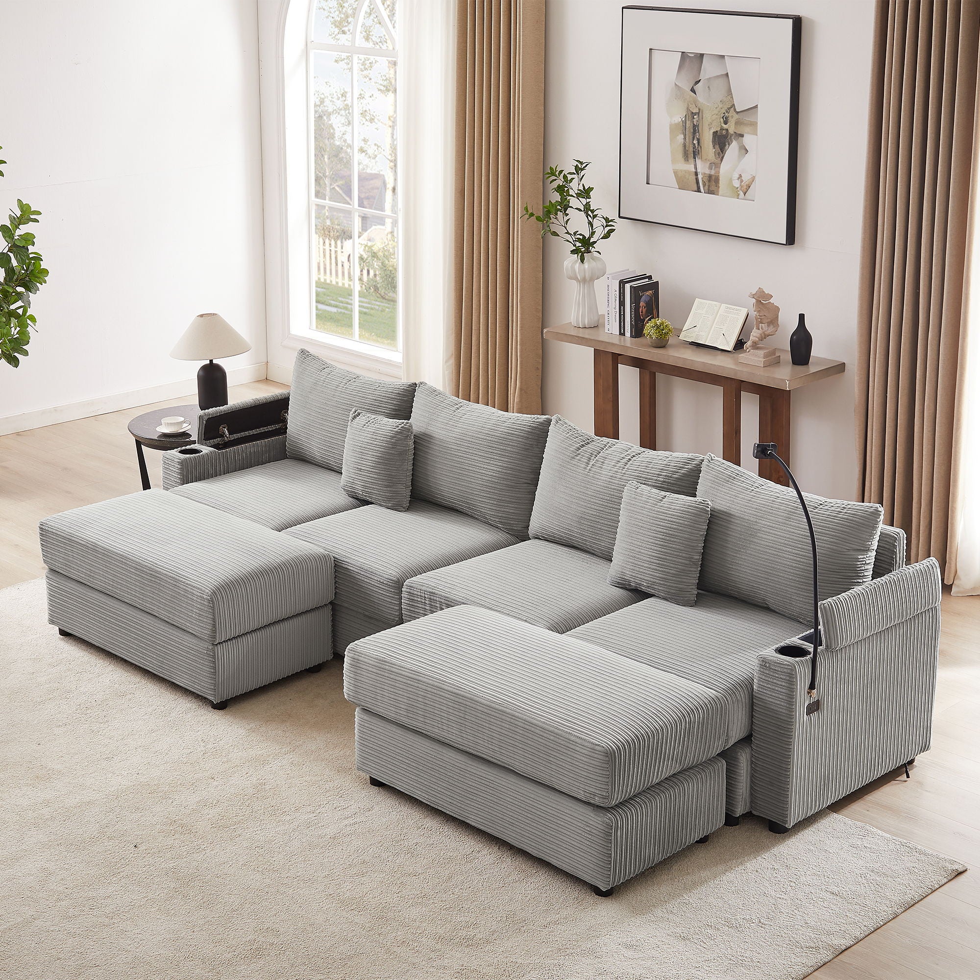 Modern Style Loveseat Sofa Sectional Sofa Couch With Storage Space, A Movable Ottoman, Two USB Ports, Two Cup Holders, A Phone Holder For Living Room - Image 29