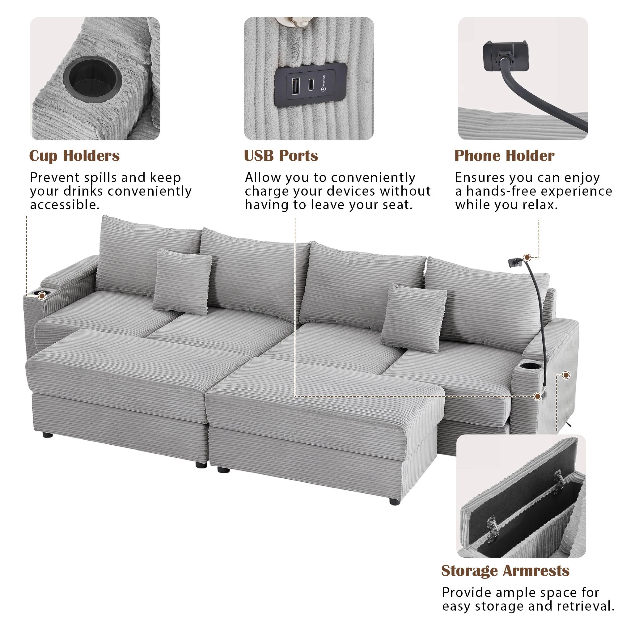 Modern Style Loveseat Sofa Sectional Sofa Couch With Storage Space, A Movable Ottoman, Two USB Ports, Two Cup Holders, A Phone Holder For Living Room - Image 48