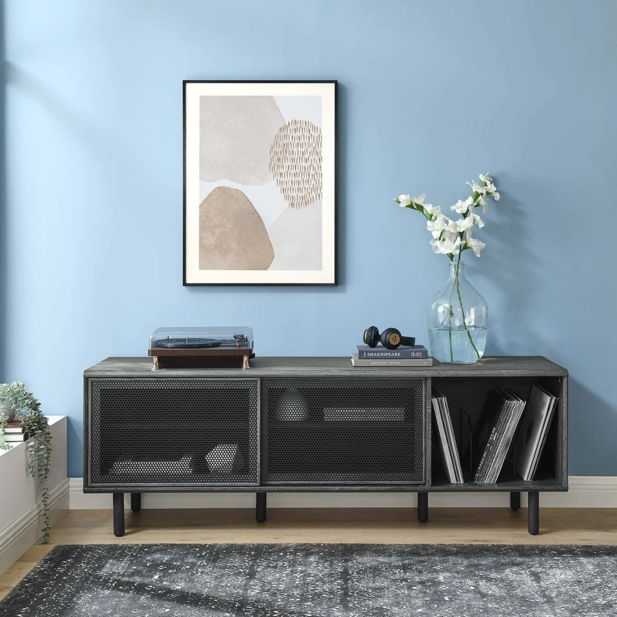 Modern TV and Vinyl Record Stand with Mesh Sliding Doors 67 Inch - Image 2