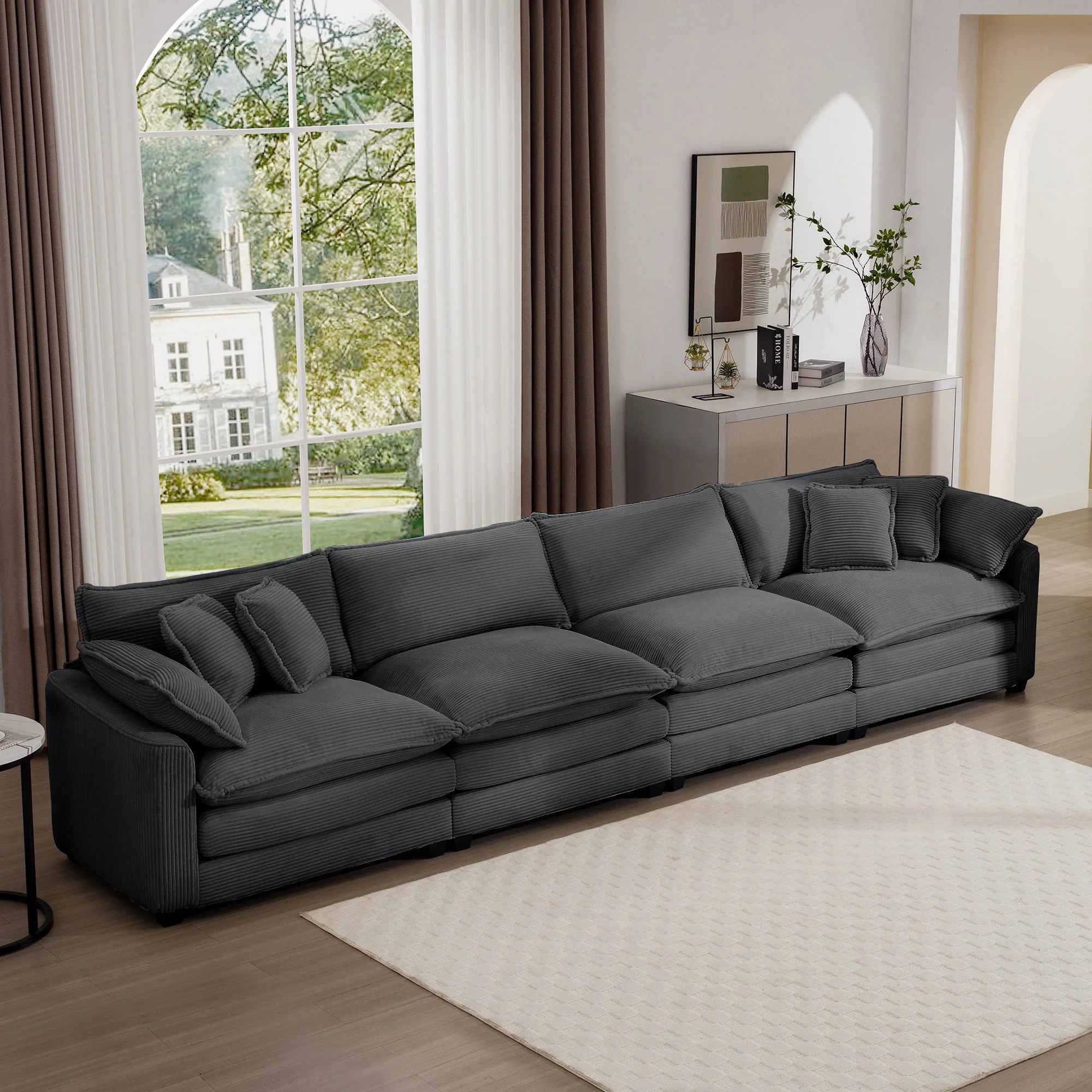 Modern Upholstered 4 Seater Fabric Sofa With Arm And Throw Pillows - Image 30