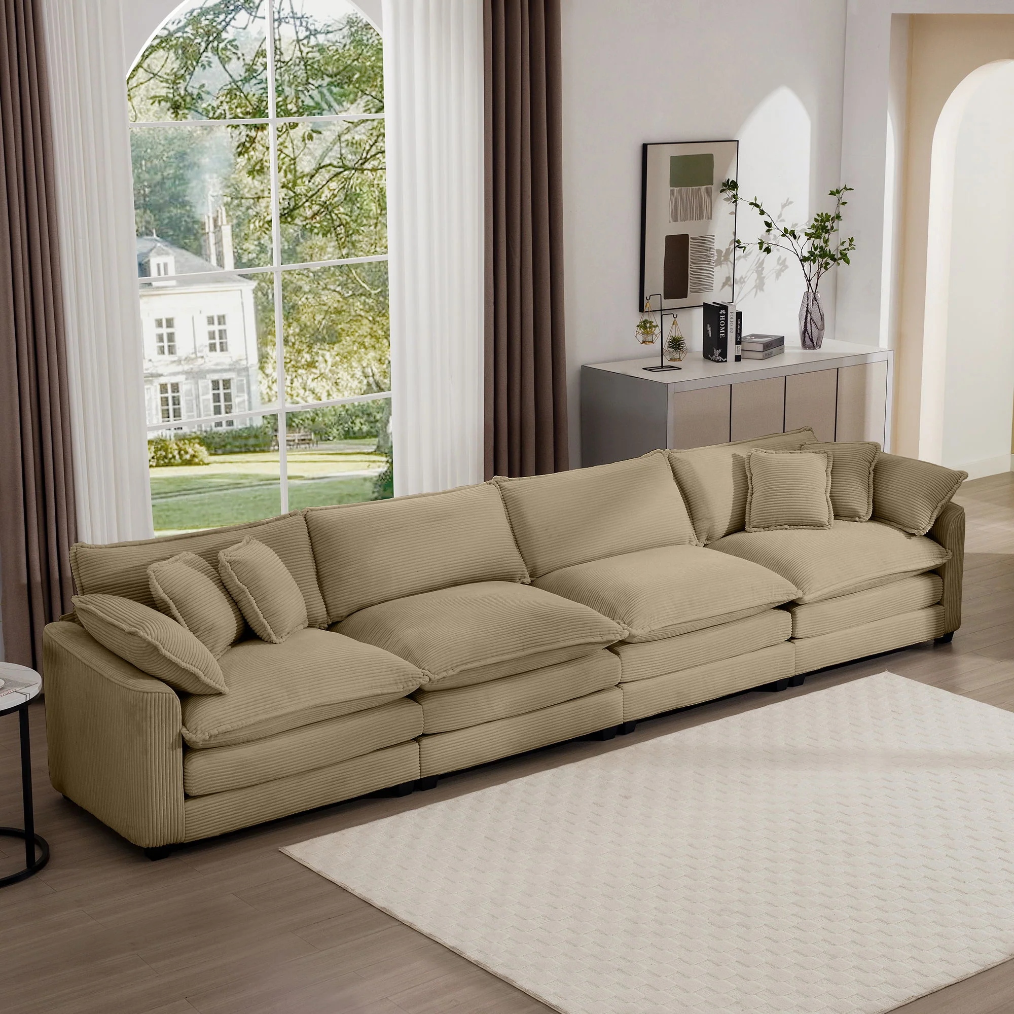Modern Upholstered 4 Seater Fabric Sofa With Arm And Throw Pillows - Image 35