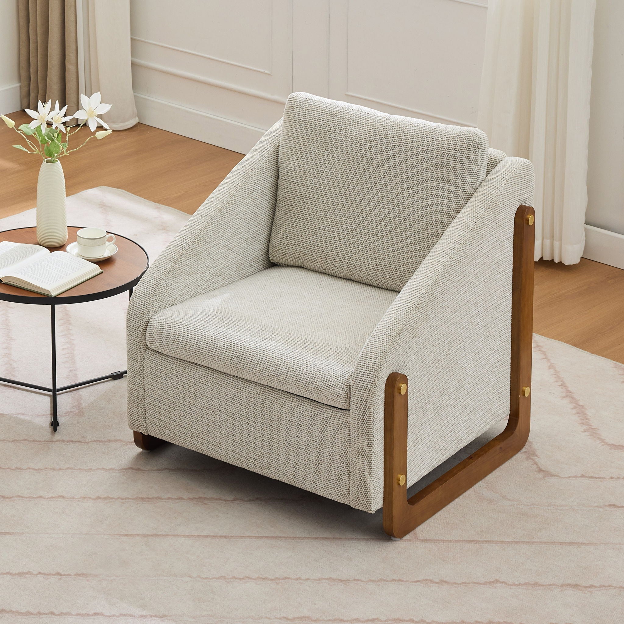 Modern Upholstered Armchair With Wooden Side Frame - Image 9