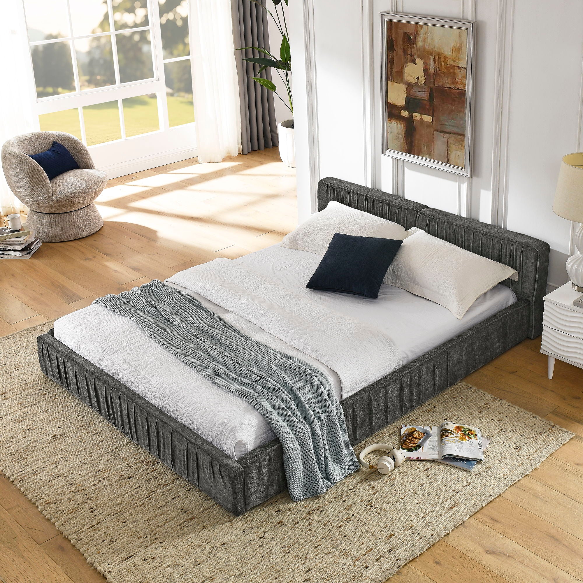 Modern Upholstered Platform Bed Frame With Pleated Design - Image 5