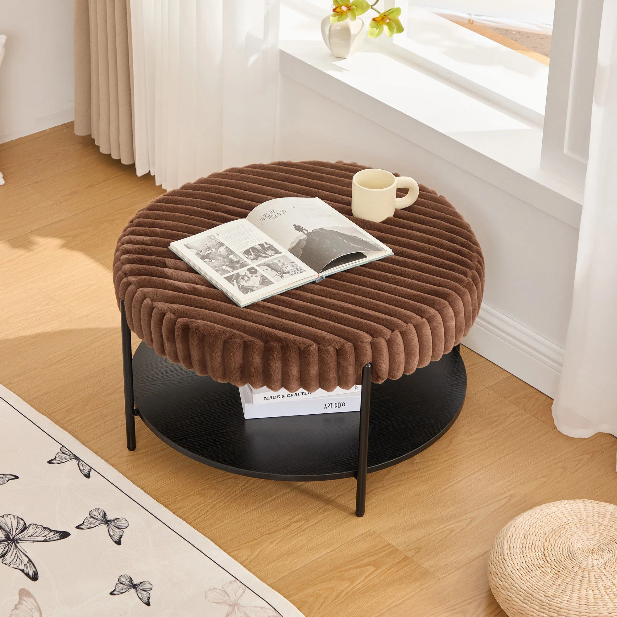 Modern Upholstered Round Ottoman Coffee Table With Storage Shelf - Image 13