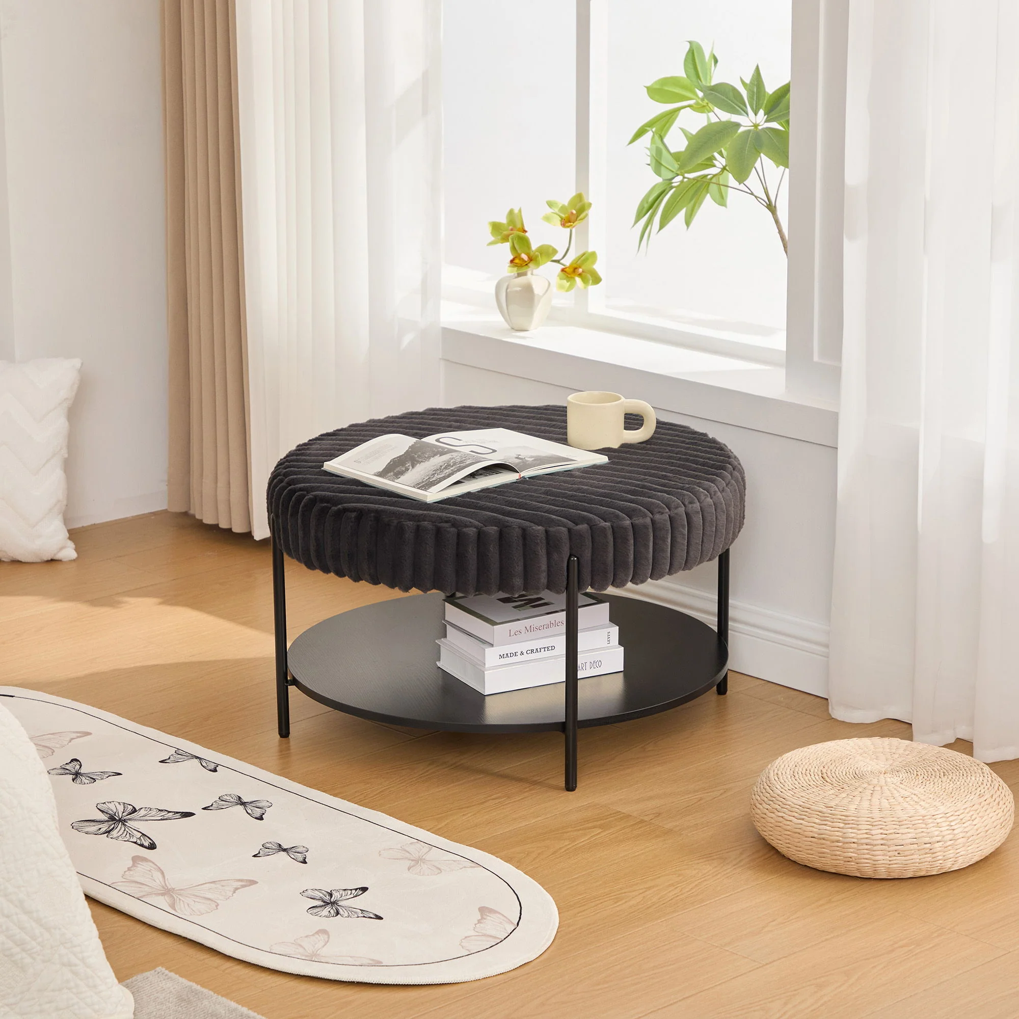 Modern Upholstered Round Ottoman Coffee Table With Storage Shelf - Image 14