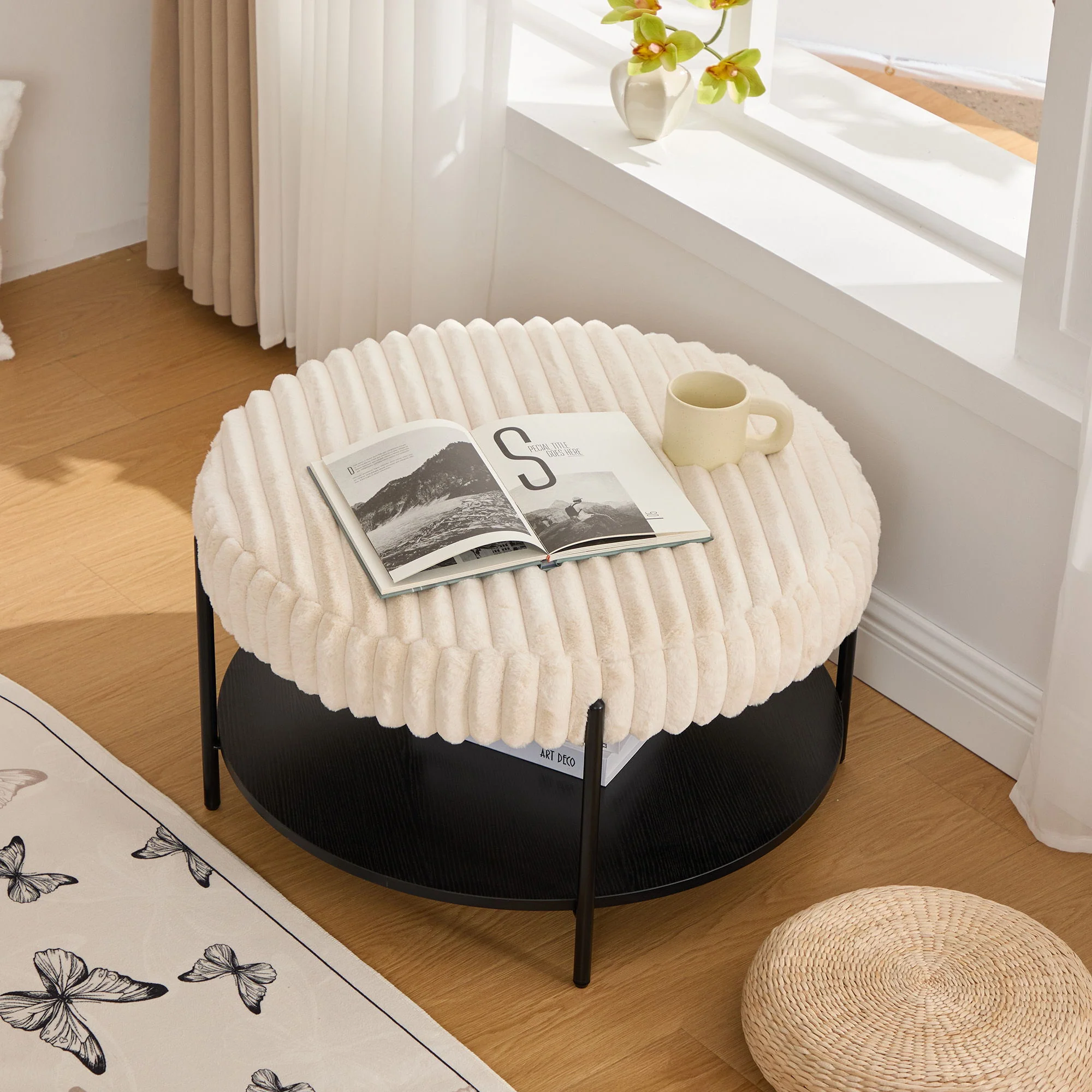 Modern Upholstered Round Ottoman Coffee Table With Storage Shelf - Image 15