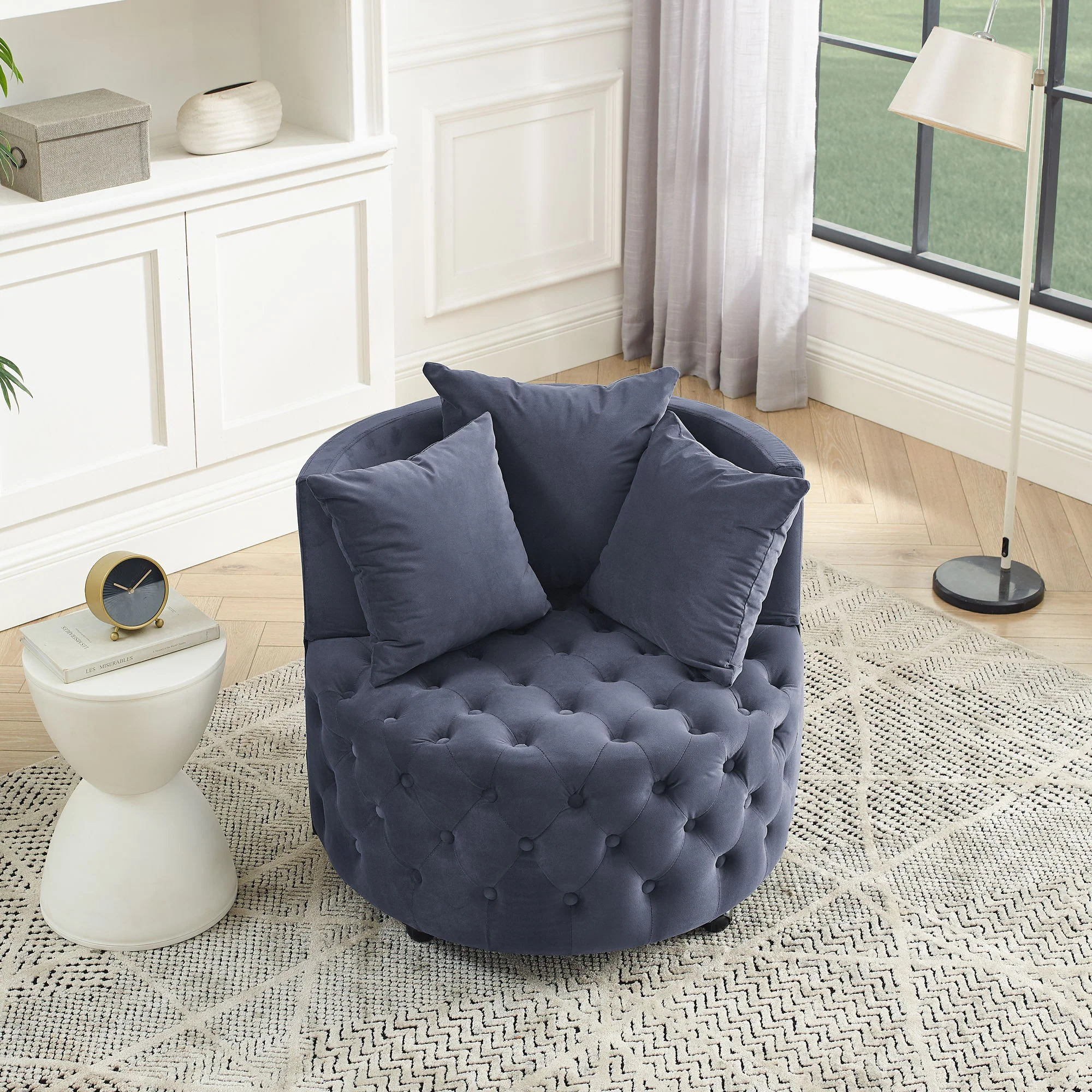 Modern Upholstered Swivel Chair With Button Tufted Design And Movable Wheels - Image 12