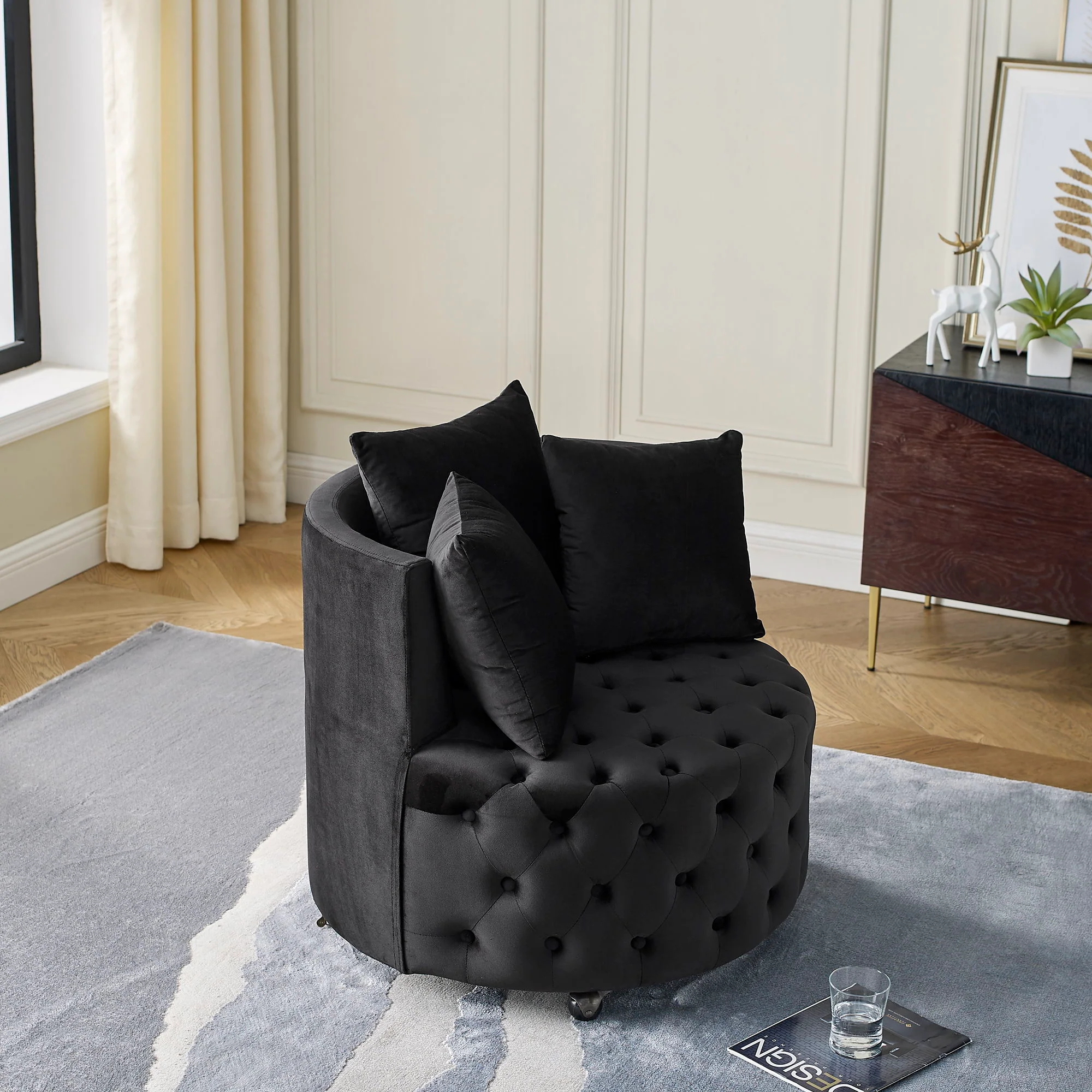 Modern Upholstered Swivel Chair With Button Tufted Design And Movable Wheels - Image 14
