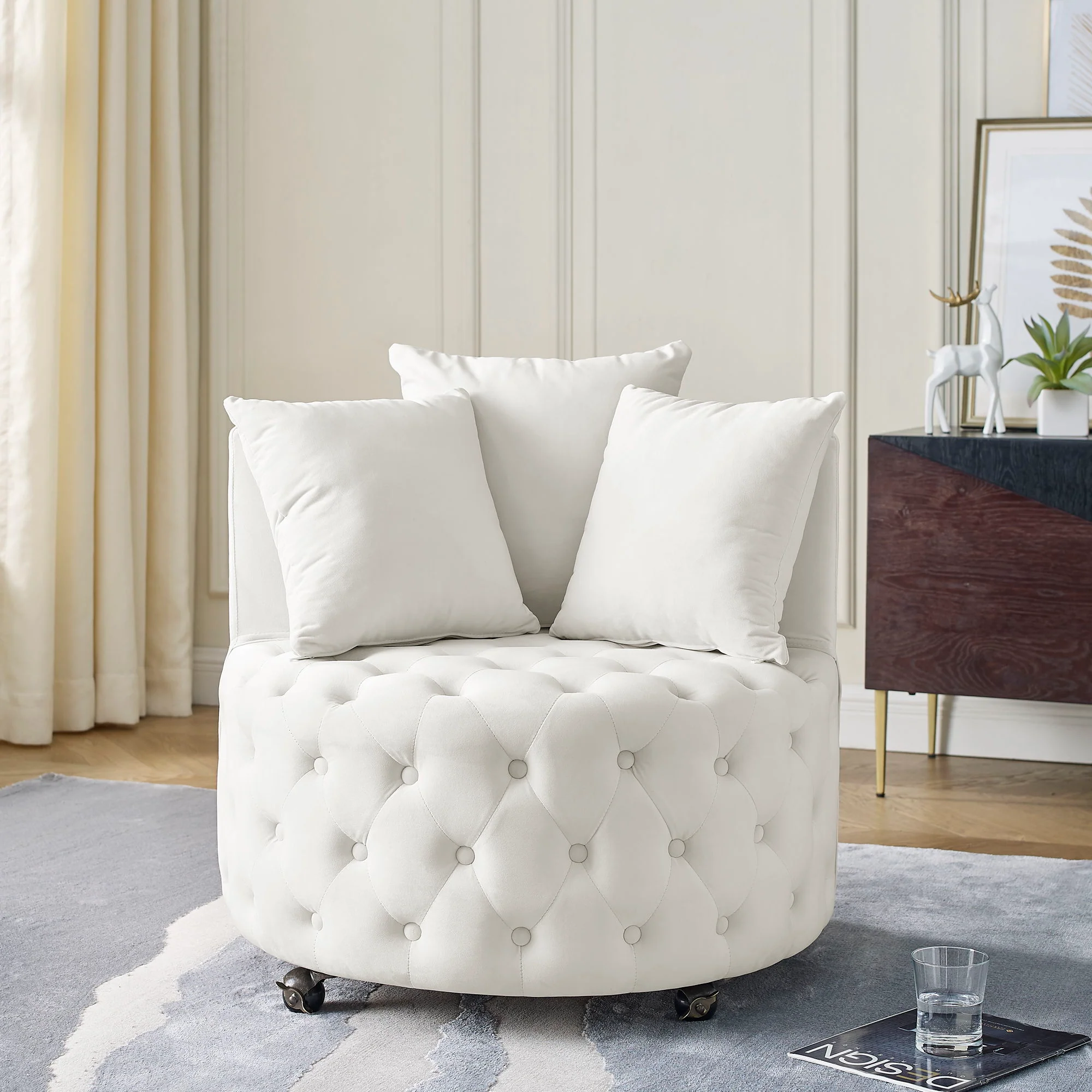 Modern Upholstered Swivel Chair With Button Tufted Design And Movable Wheels - Image 18
