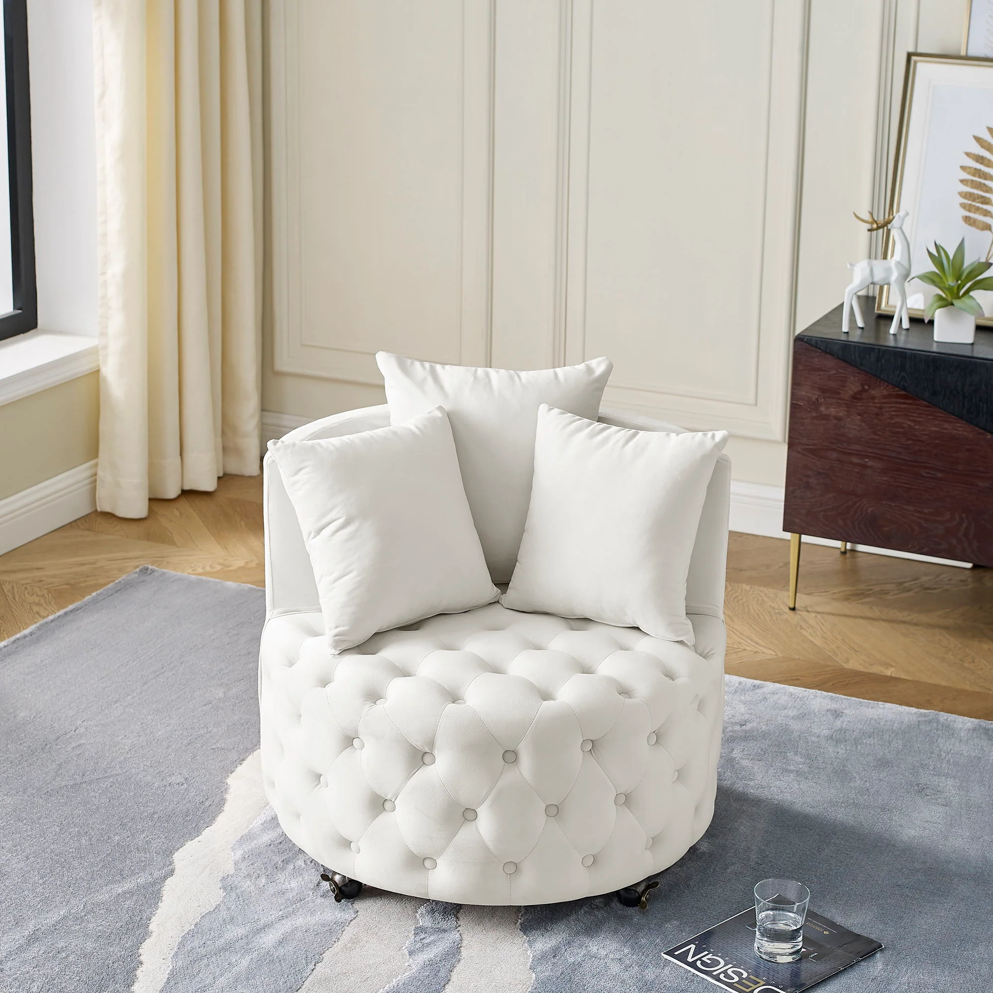 Modern Upholstered Swivel Chair With Button Tufted Design And Movable Wheels - Image 27