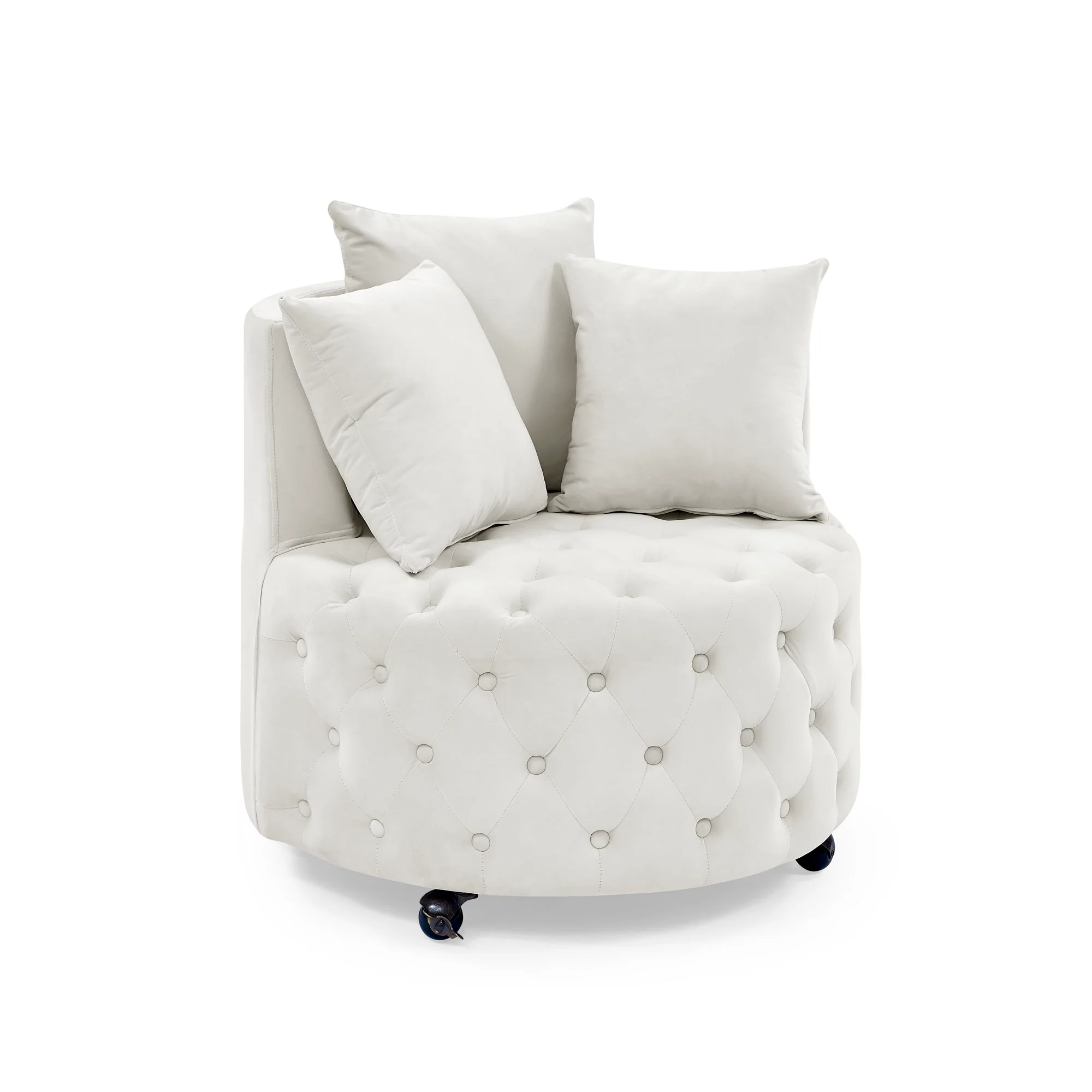 Modern Upholstered Swivel Chair With Button Tufted Design And Movable Wheels - Image 4