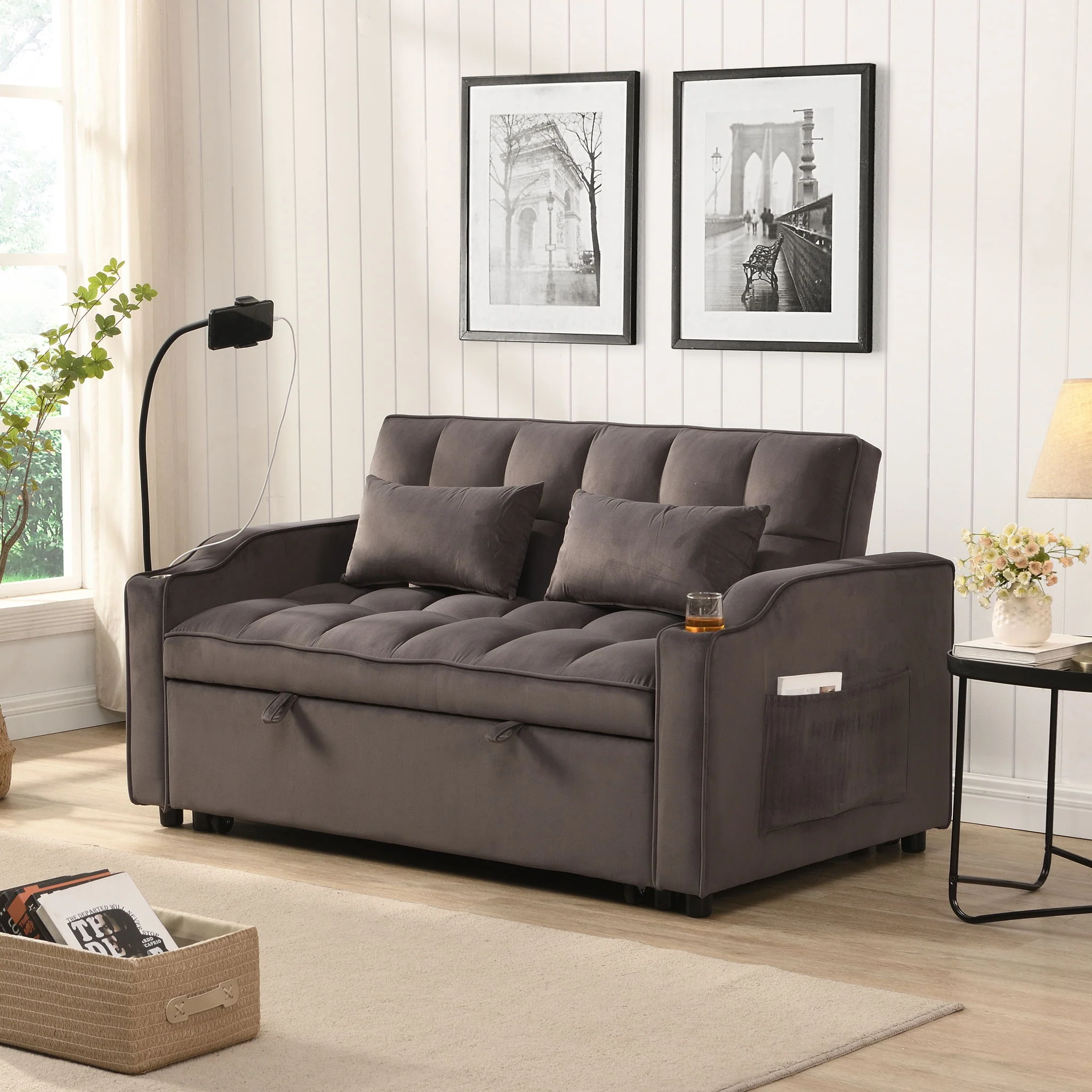 Modern Loveseat Futon Sofa With Pullout Bed, Adjustable Reclining Backrest, Toss Pillows - Image 25