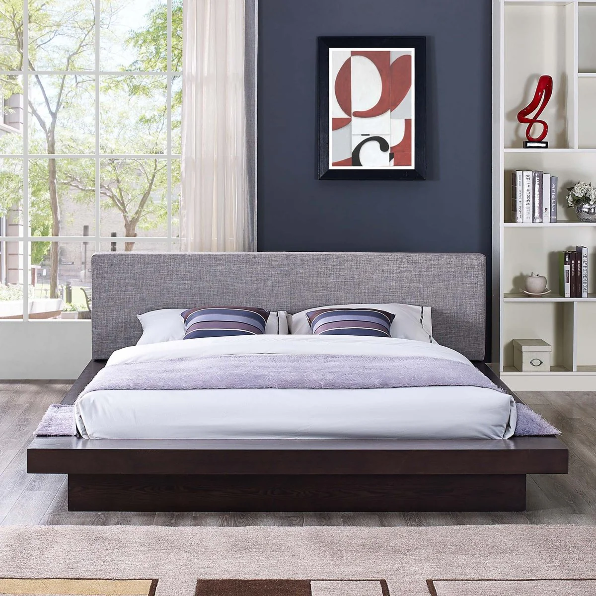 Modern Veneer Queen Platform Bed with Padded Fabric Headboard and Straight Line Profile - Image 5