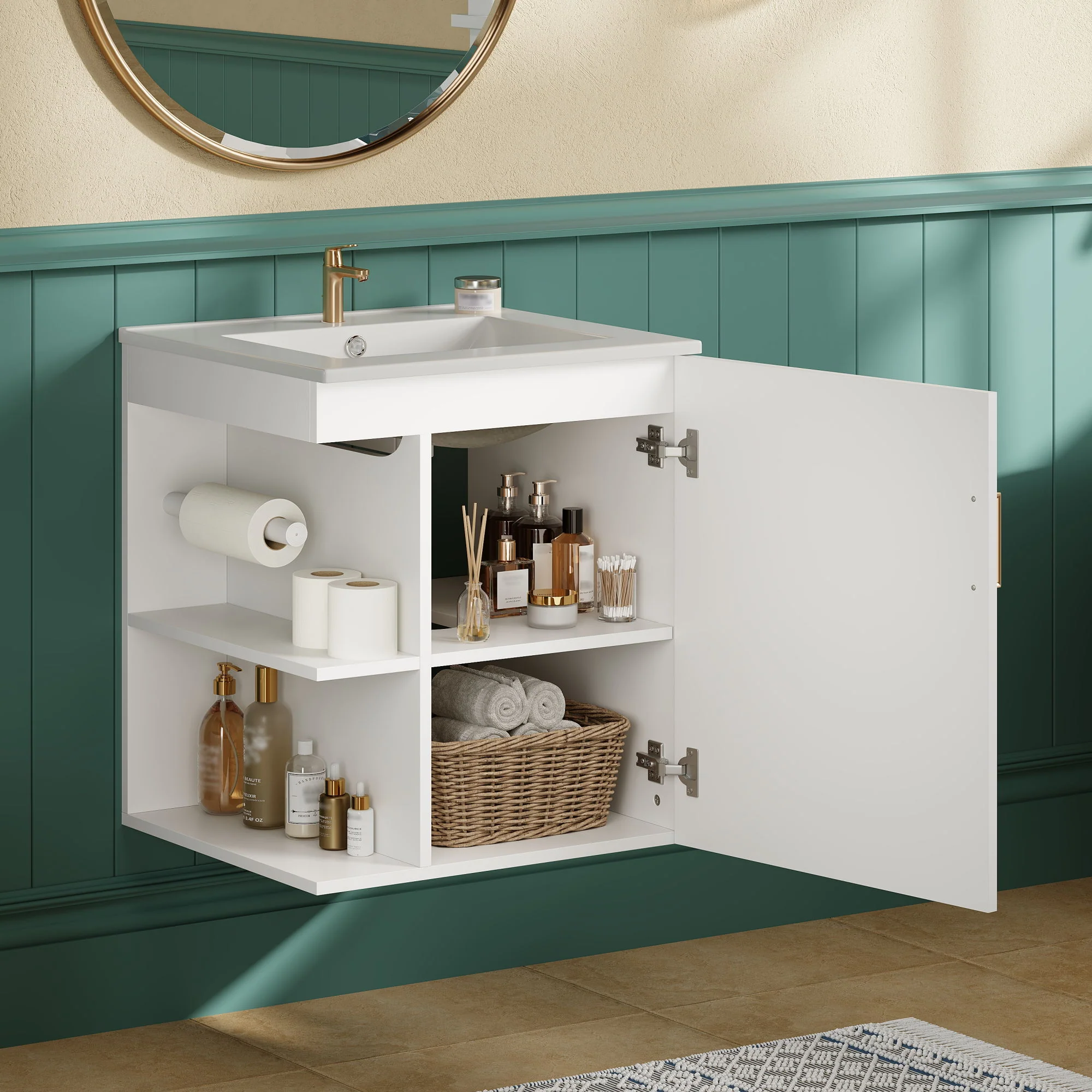 Modern Wall Mounted Bathroom Cabinet With Side Shelf And Ceramic Sink - Image 5