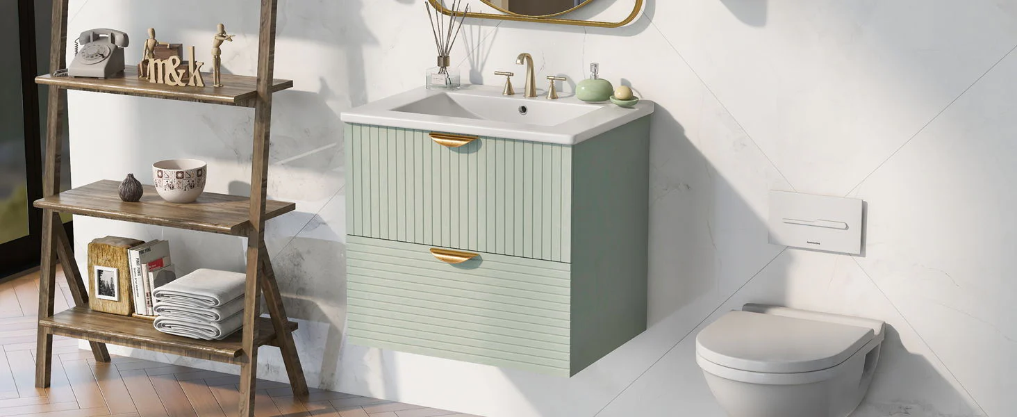 Modern Wall-Mounted Bathroom Vanity With 2 Drawers, Ideal For Small Bathrooms - Green - Image 4