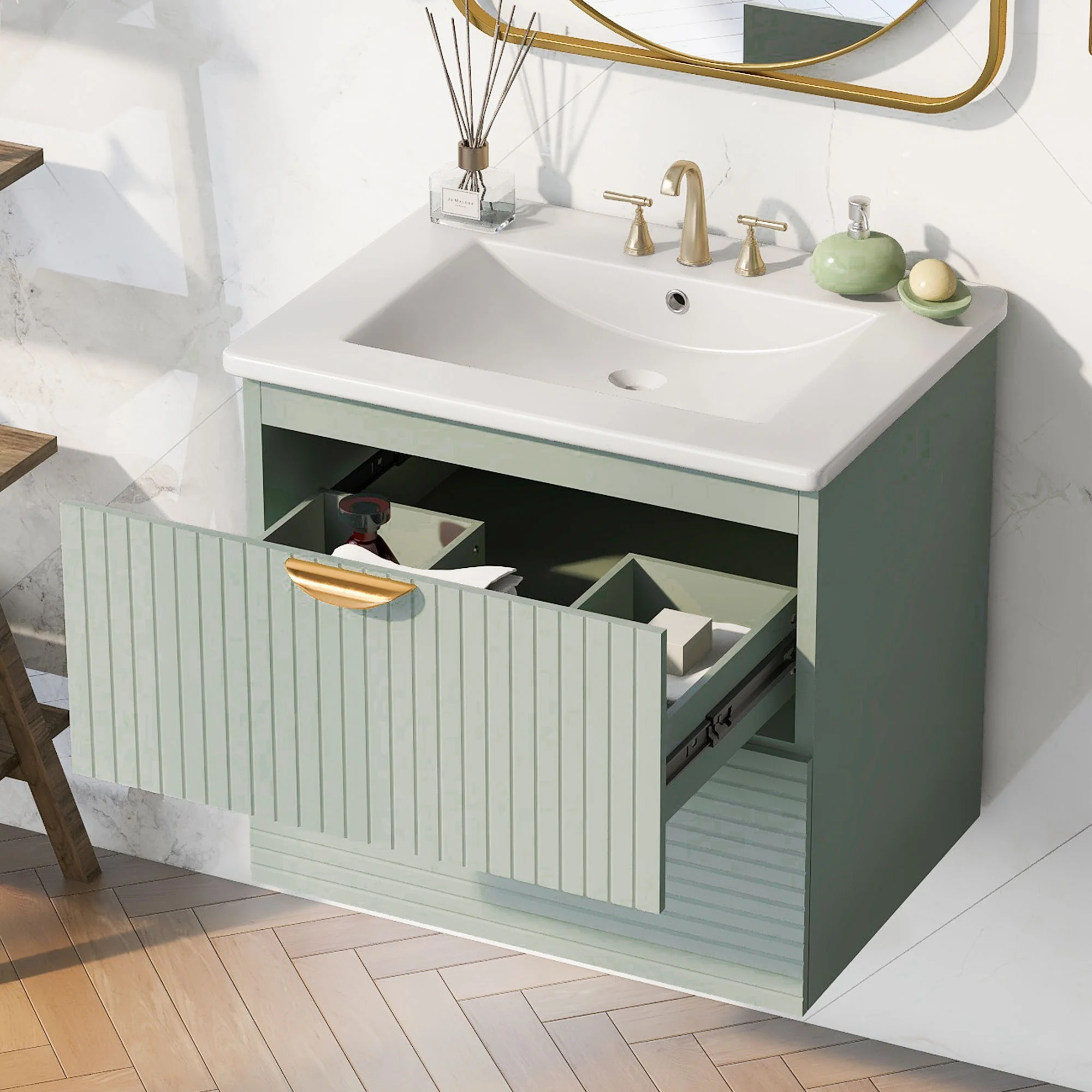 Modern Wall-Mounted Bathroom Vanity With 2 Drawers, Ideal For Small Bathrooms - Green - Image 9