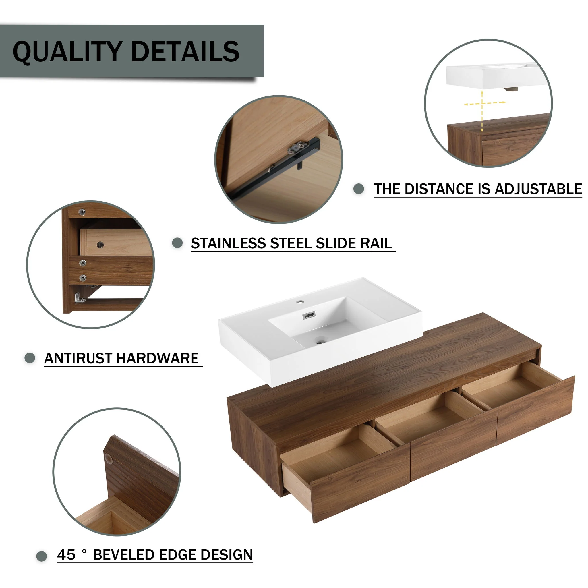 Modern Wall Mounted Bathroom Vanity With Resin Sink And Side Cabinet - Brown Ebony - Image 2