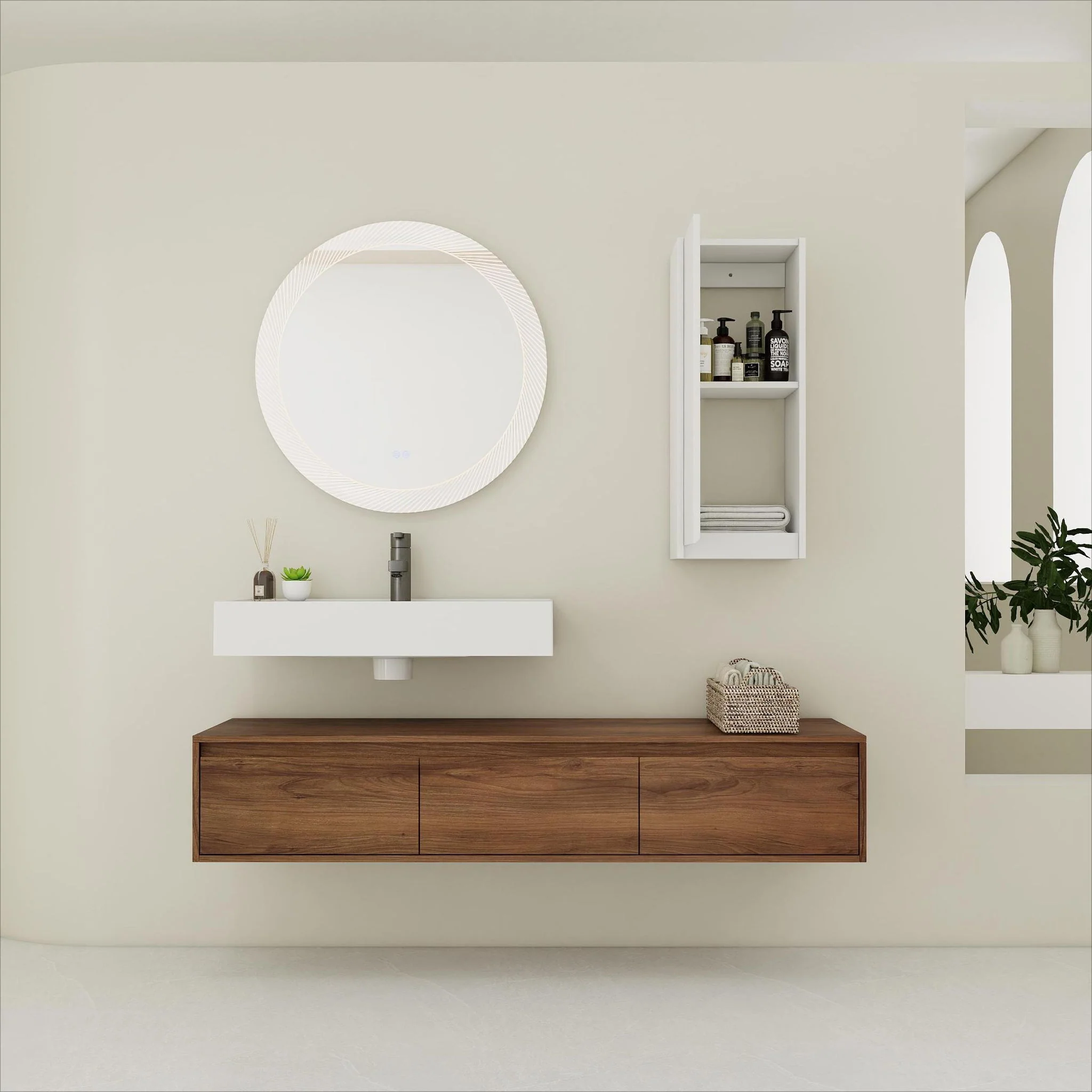 Modern Wall Mounted Bathroom Vanity With Resin Sink And Side Cabinet - Brown Ebony - Image 9