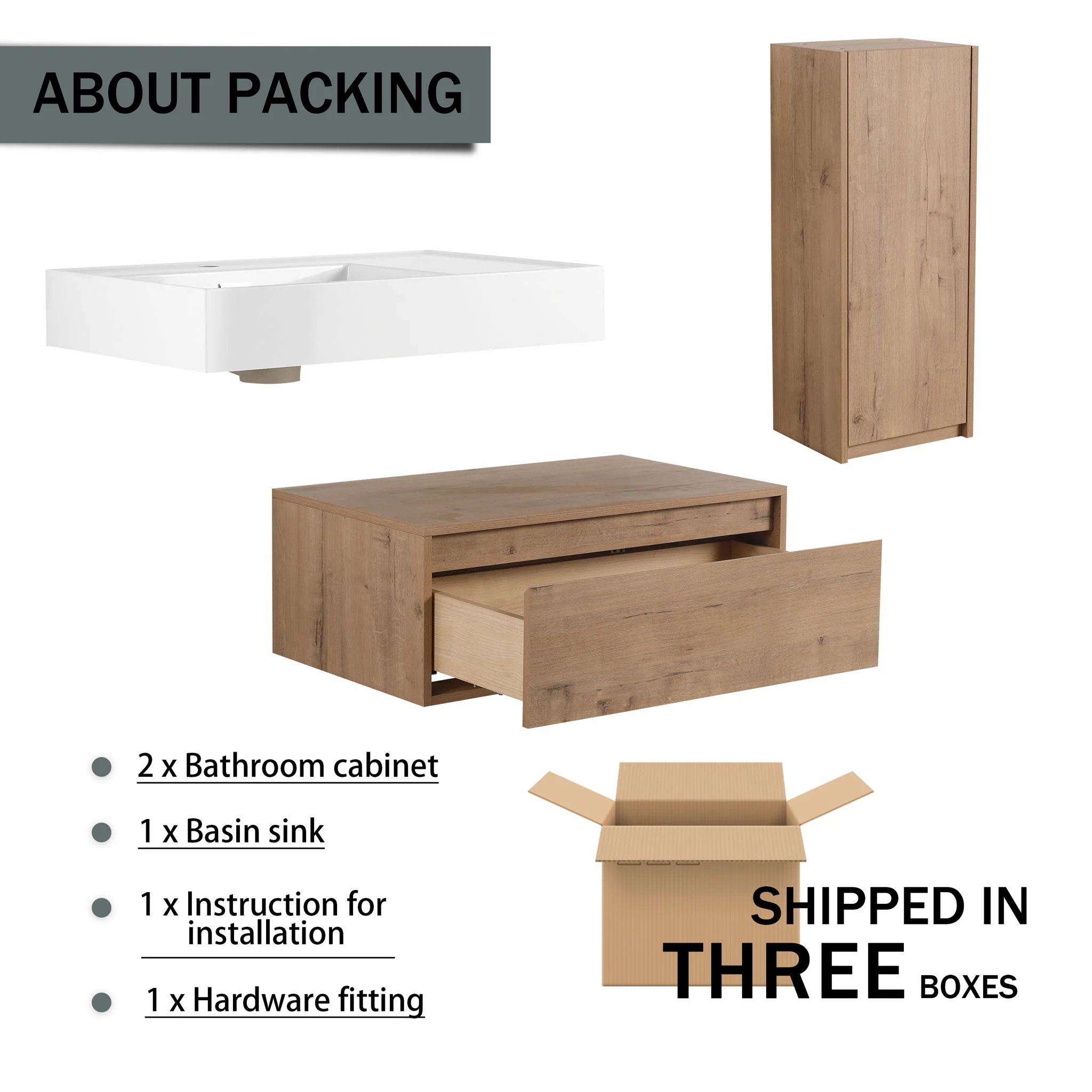 Modern Wall Mounted Bathroom Vanity With Resin Sink And Side Cabinet, Soft Close Drawer, Imitative - Imitative Oak - Image 2