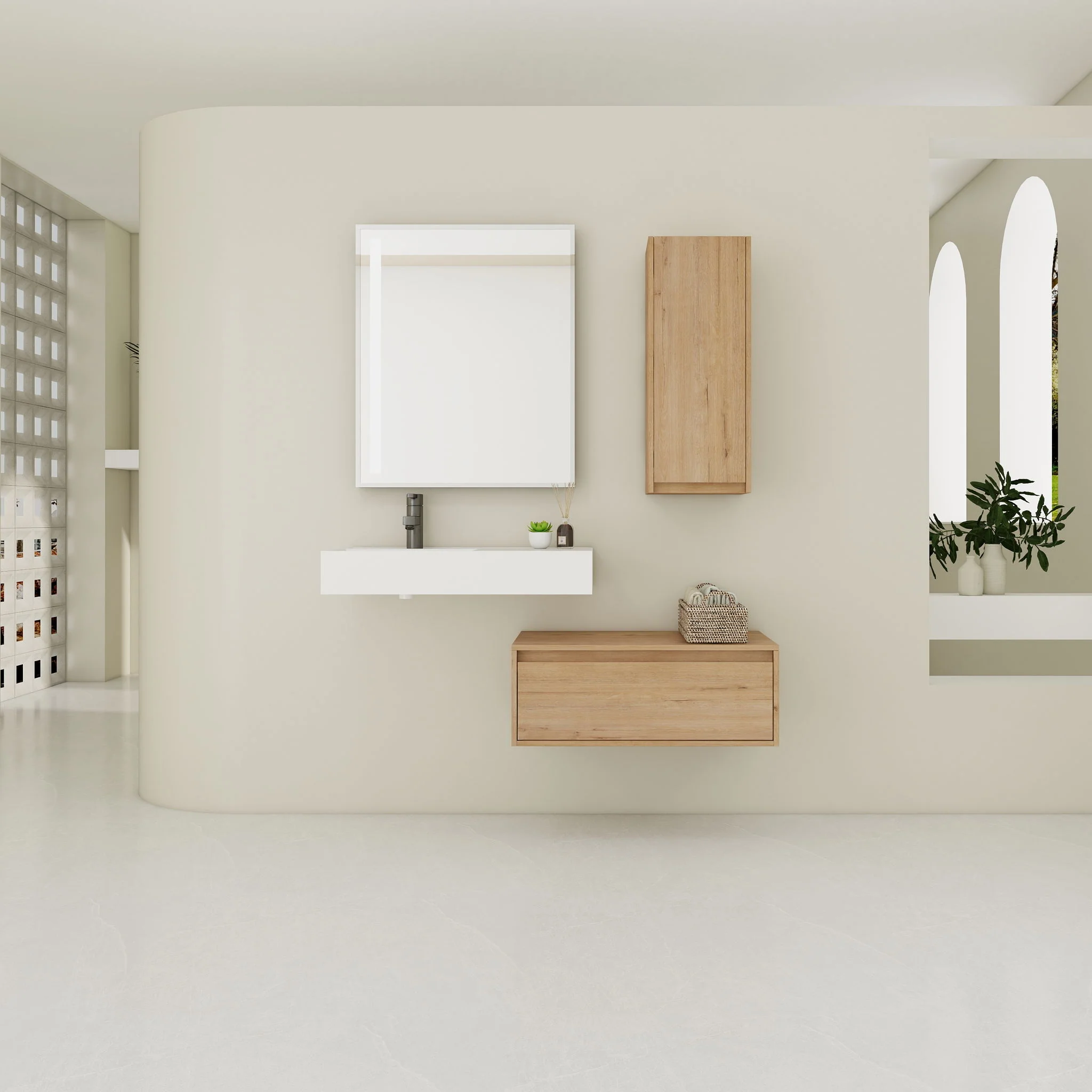 Modern Wall Mounted Bathroom Vanity With Resin Sink And Side Cabinet, Soft Close Drawer, Imitative - Imitative Oak - Image 4