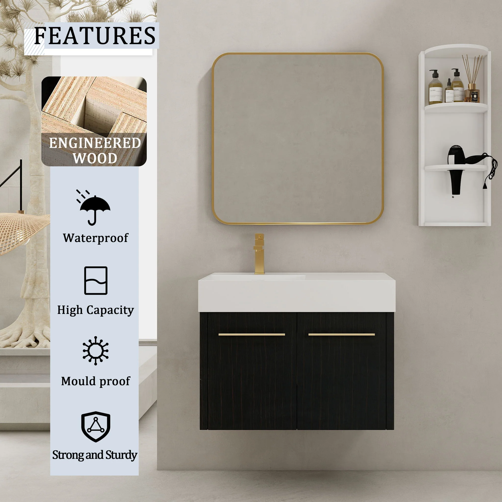 Modern Wall Mounted Bathroom Vanity With Resin Sink And Storage Rack - Image 21