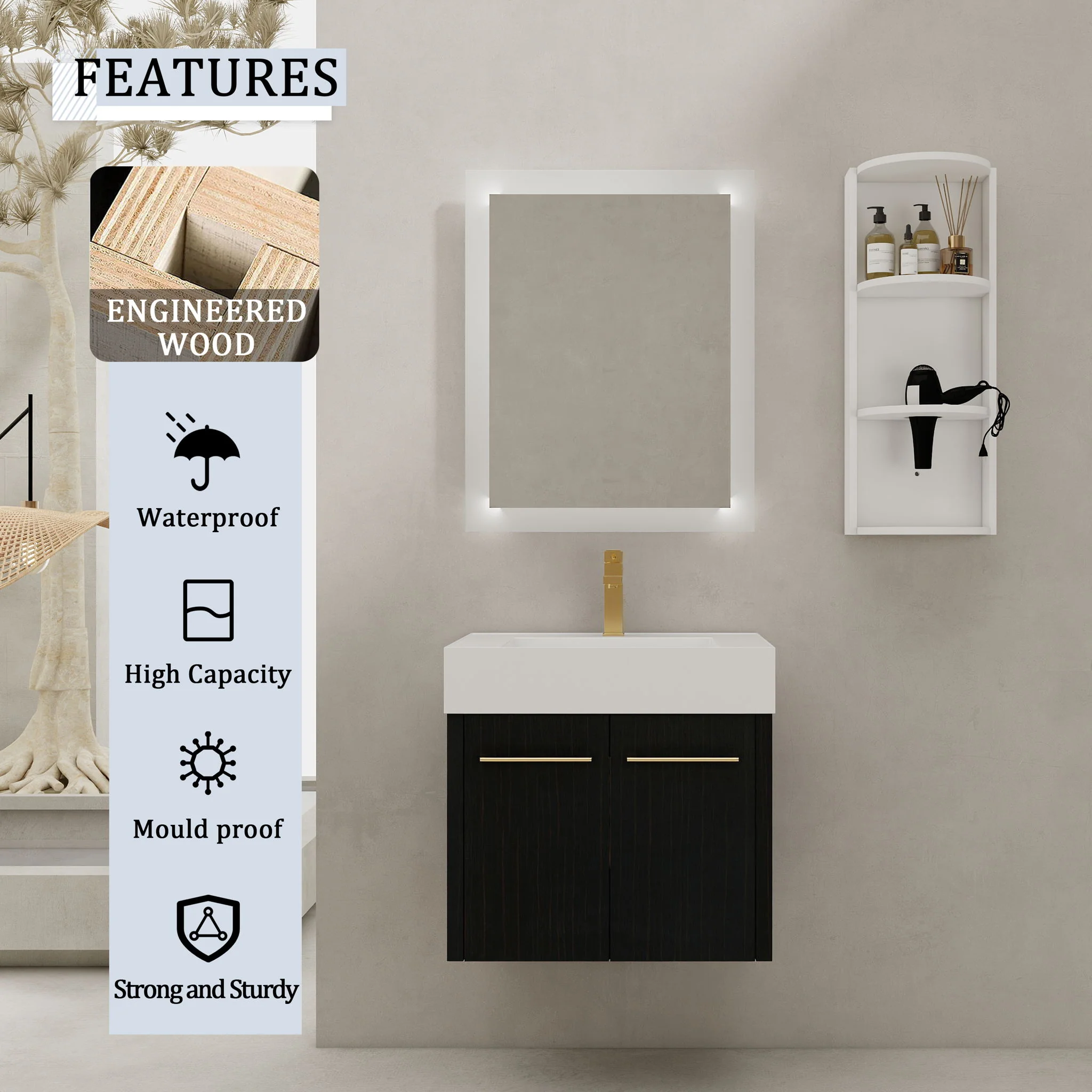 Modern Wall Mounted Bathroom Vanity With Resin Sink And Storage Rack - Image 25